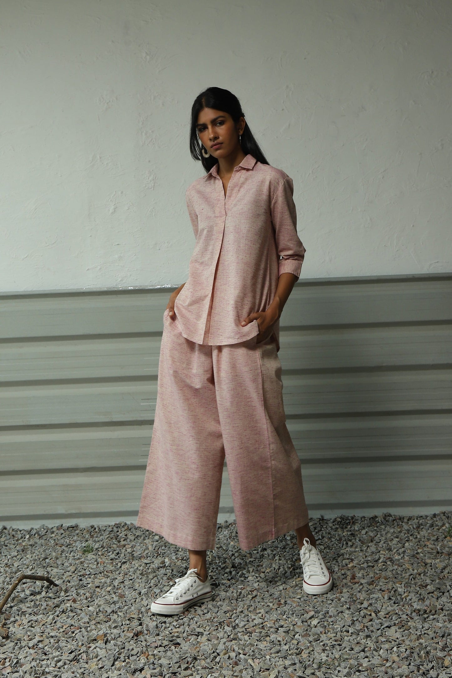 Pink Pleatted Cotton Shirt With Flared Pant Co-ord Set by Canoopi with Canoopi, Casual Wear, Complete Sets, Khadi, Natural, Pink, Regular Fit, Solids, Vacation Co-ords, Womenswear at Kamakhyaa for sustainable fashion