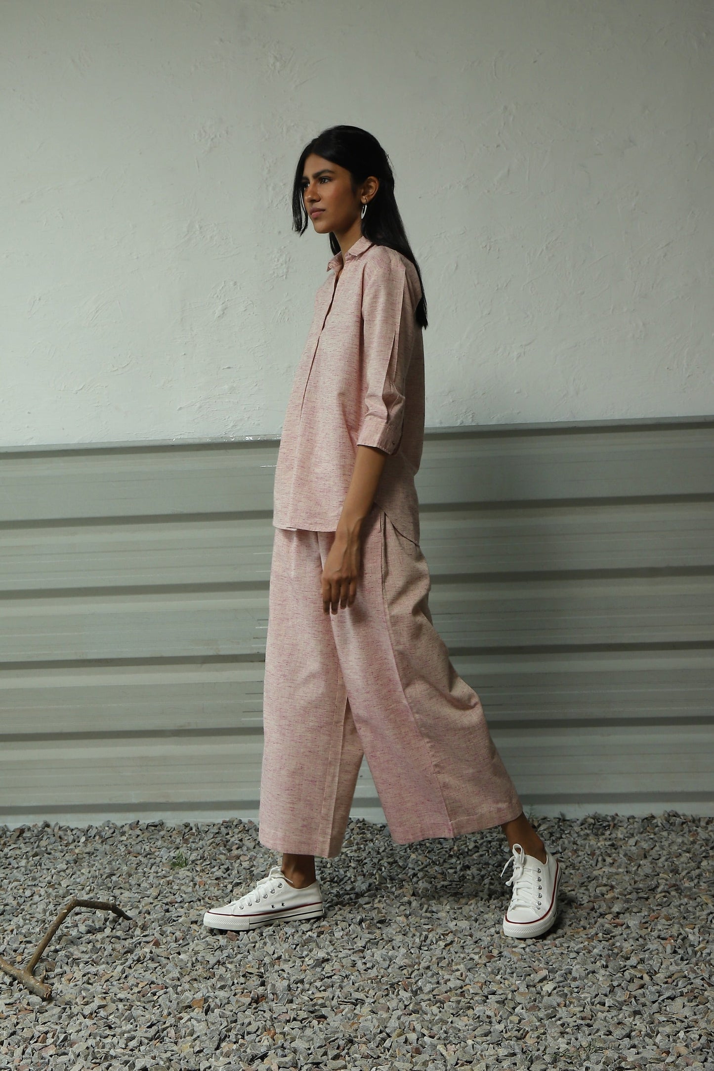 Pink Pleatted Cotton Shirt With Flared Pant Co-ord Set by Canoopi with Canoopi, Casual Wear, Complete Sets, Khadi, Natural, Pink, Regular Fit, Solids, Vacation Co-ords, Womenswear at Kamakhyaa for sustainable fashion