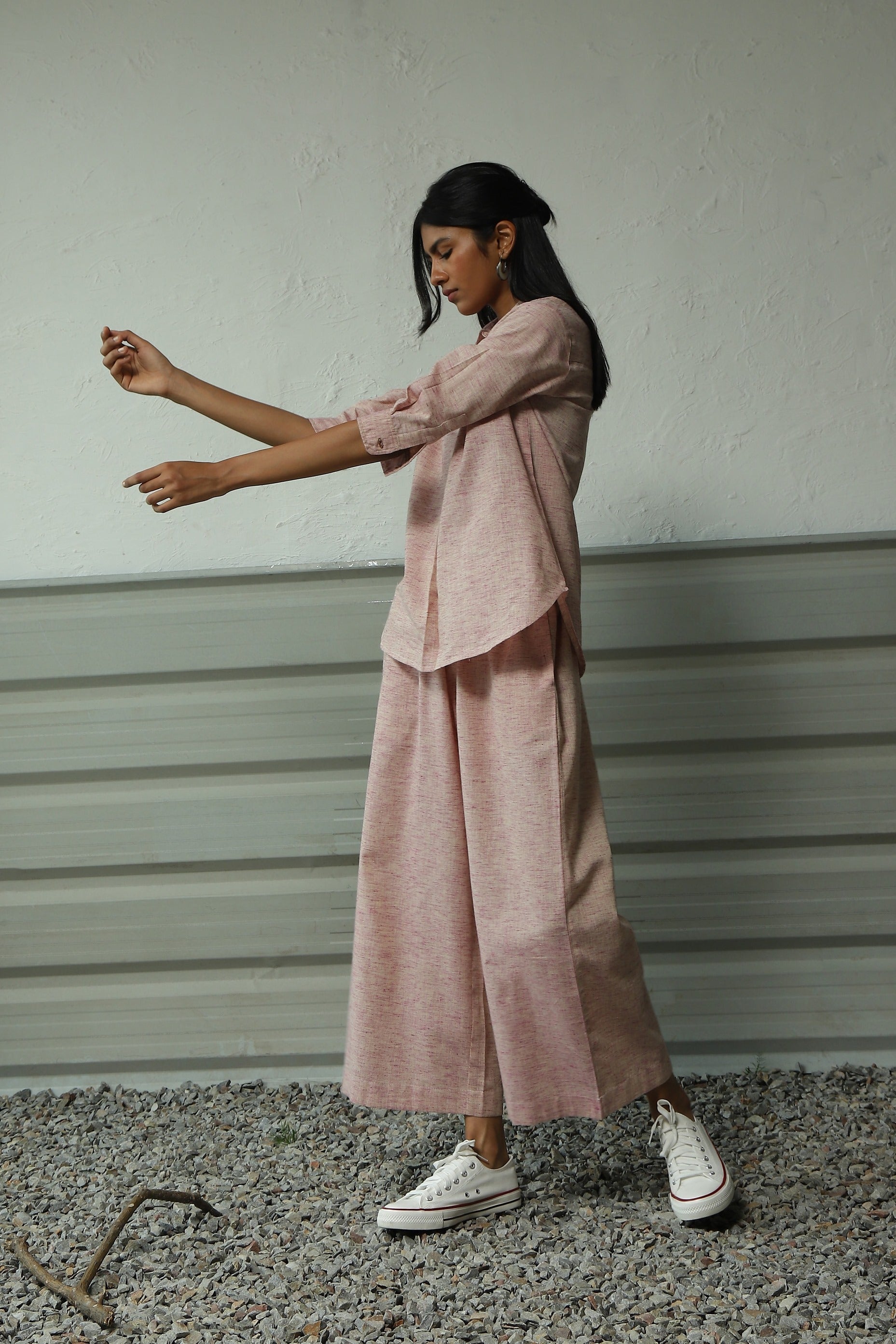 Pink Pleatted Cotton Shirt With Flared Pant Co-ord Set by Canoopi with Canoopi, Casual Wear, Complete Sets, Khadi, Natural, Pink, Regular Fit, Solids, Vacation Co-ords, Womenswear at Kamakhyaa for sustainable fashion