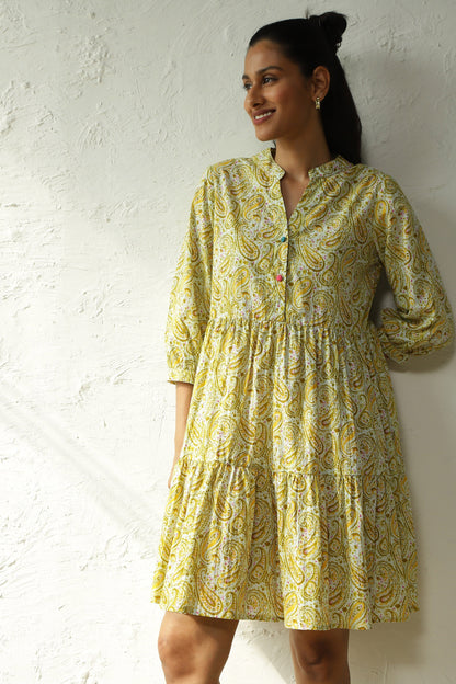 Green Cotton Tiered Midi Dress by Canoopi with Block Prints, Canoopi, Casual Wear, Cotton, Dresses, Green, Natural, Prints, Regular Fit, Tiered Dresses, Womenswear at Kamakhyaa for sustainable fashion