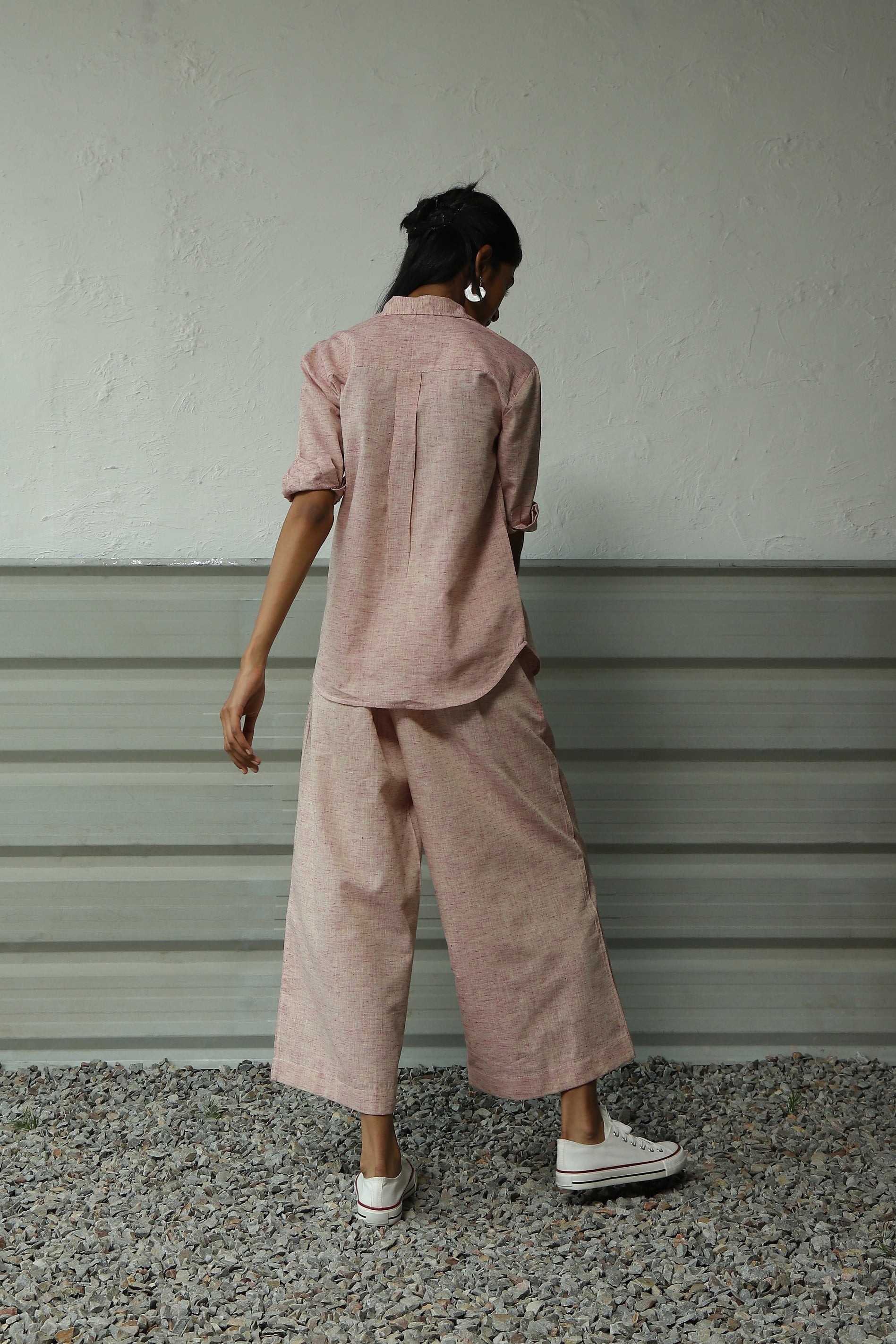 Pink Pleatted Cotton Shirt With Flared Pant Co-ord Set by Canoopi with Canoopi, Casual Wear, Complete Sets, Khadi, Natural, Pink, Regular Fit, Solids, Vacation Co-ords, Womenswear at Kamakhyaa for sustainable fashion