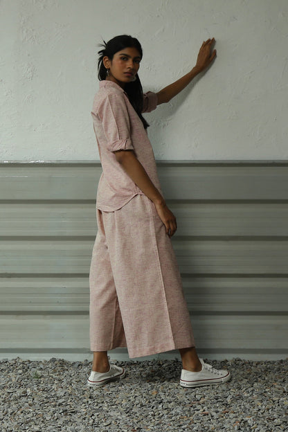 Pink Pleatted Cotton Shirt With Flared Pant Co-ord Set by Canoopi with Canoopi, Casual Wear, Complete Sets, Khadi, Natural, Pink, Regular Fit, Solids, Vacation Co-ords, Womenswear at Kamakhyaa for sustainable fashion