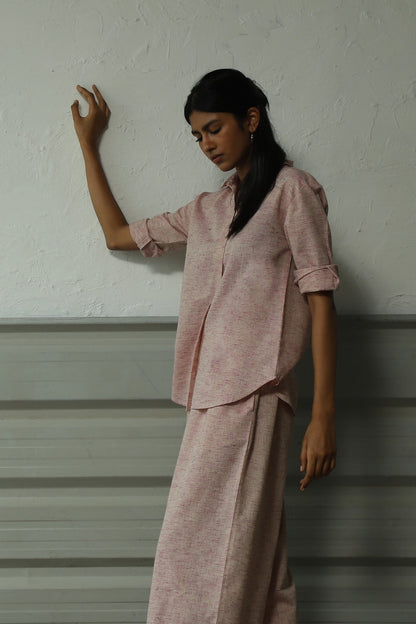 Pink Pleatted Cotton Shirt With Flared Pant Co-ord Set by Canoopi with Canoopi, Casual Wear, Complete Sets, Khadi, Natural, Pink, Regular Fit, Solids, Vacation Co-ords, Womenswear at Kamakhyaa for sustainable fashion