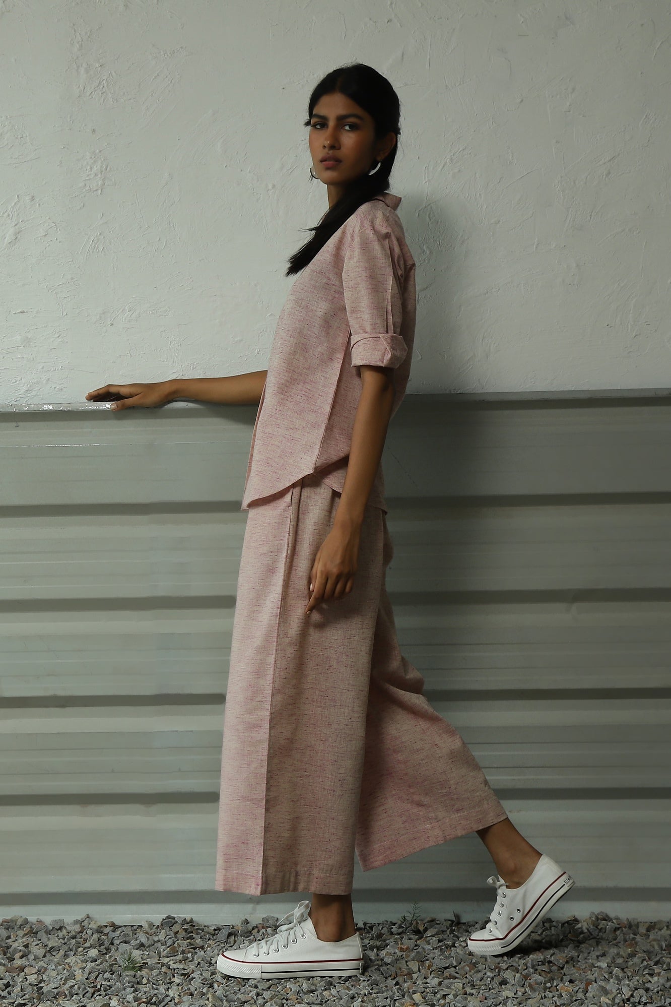 Pink Pleatted Cotton Shirt With Flared Pant Co-ord Set by Canoopi with Canoopi, Casual Wear, Complete Sets, Khadi, Natural, Pink, Regular Fit, Solids, Vacation Co-ords, Womenswear at Kamakhyaa for sustainable fashion