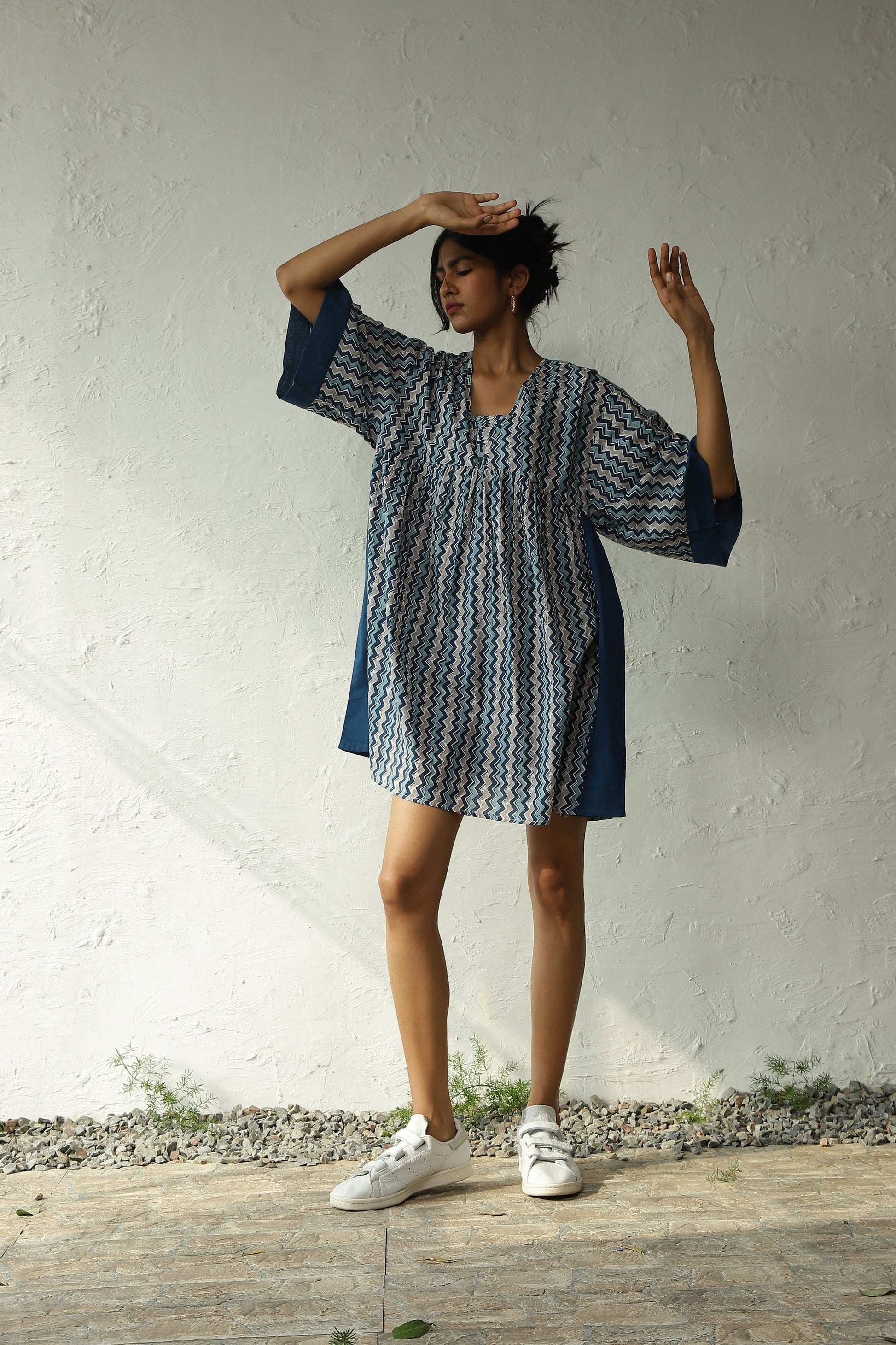 Blue Printed Cotton Oversized Dress by Canoopi with Block Prints, Blue, Canoopi, Casual Wear, Cotton, Dresses, Mini Dresses, Natural, Prints, Regular Fit, Womenswear at Kamakhyaa for sustainable fashion