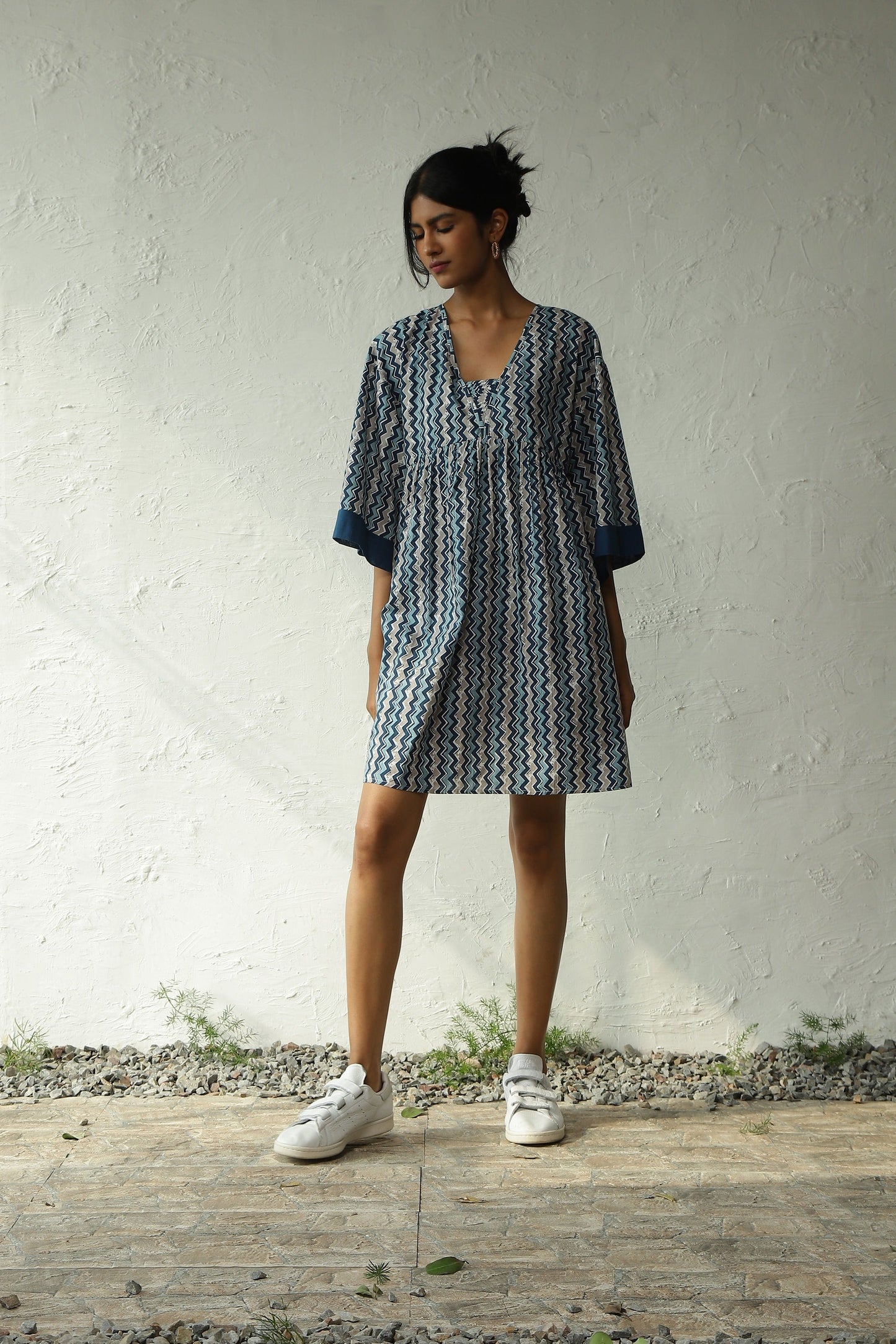 Blue Printed Cotton Oversized Dress by Canoopi with Block Prints, Blue, Canoopi, Casual Wear, Cotton, Dresses, Mini Dresses, Natural, Prints, Regular Fit, Womenswear at Kamakhyaa for sustainable fashion