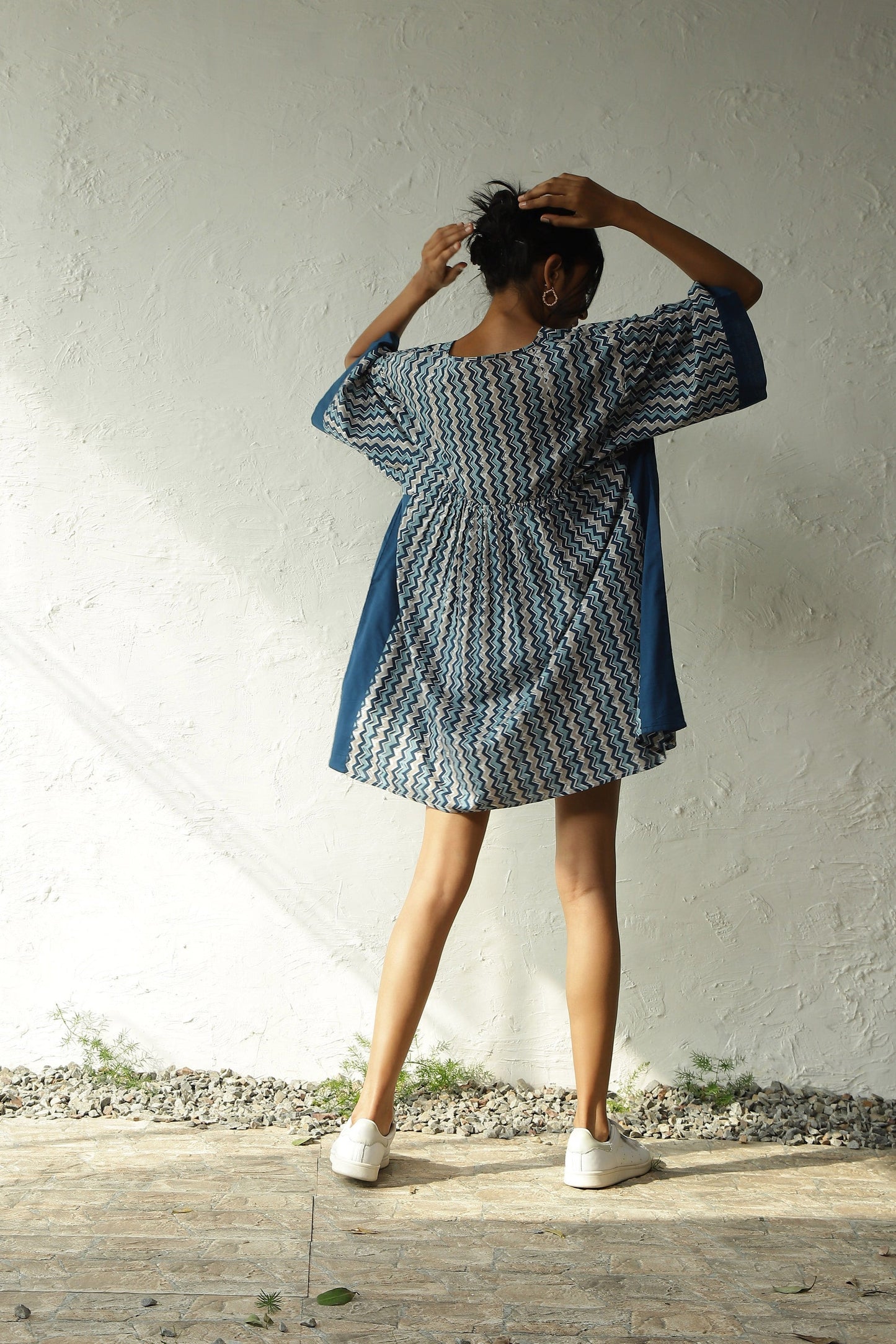 Blue Printed Cotton Oversized Dress by Canoopi with Block Prints, Blue, Canoopi, Casual Wear, Cotton, Dresses, Mini Dresses, Natural, Prints, Regular Fit, Womenswear at Kamakhyaa for sustainable fashion