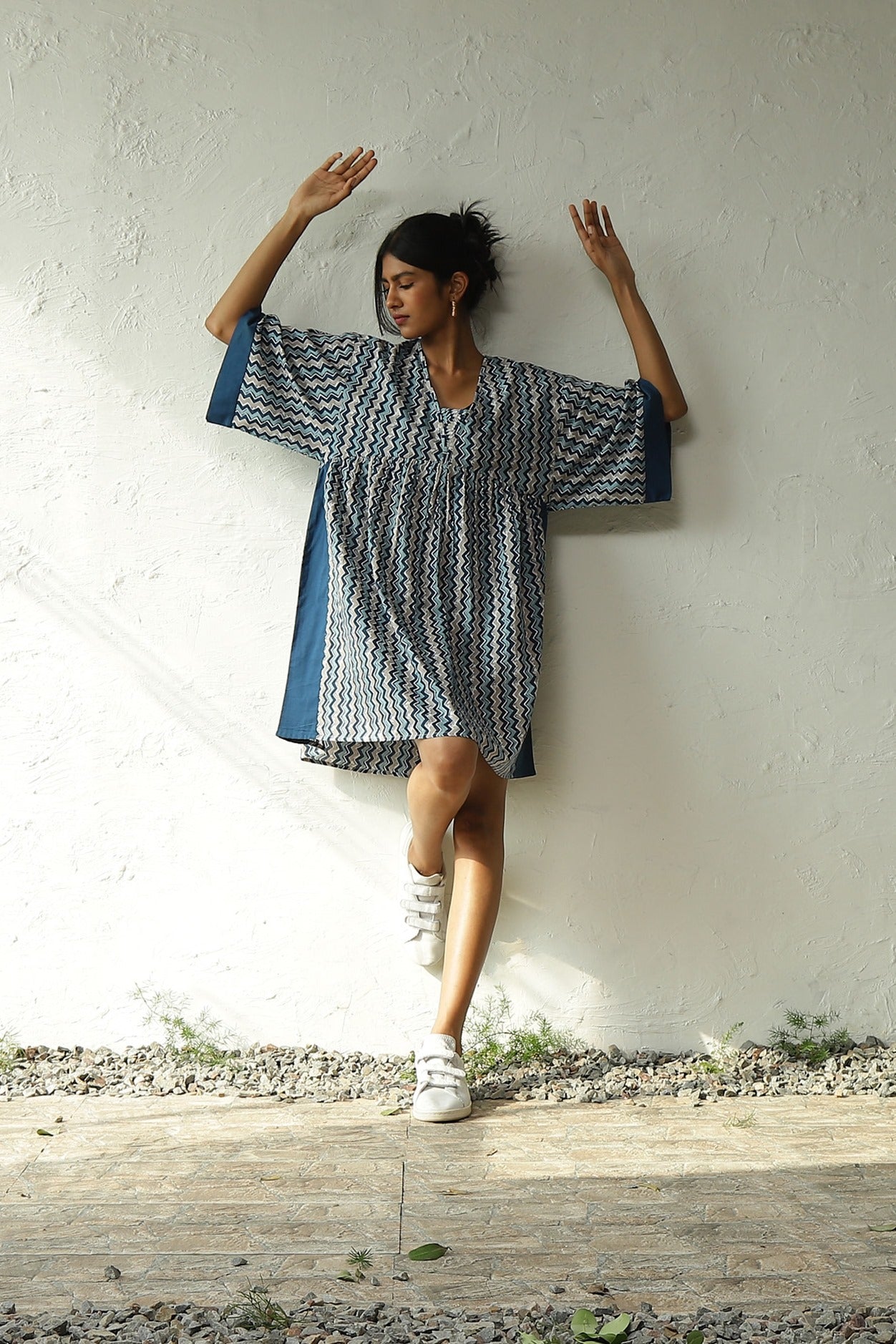 Blue Printed Cotton Oversized Dress by Canoopi with Block Prints, Blue, Canoopi, Casual Wear, Cotton, Dresses, Mini Dresses, Natural, Prints, Regular Fit, Womenswear at Kamakhyaa for sustainable fashion