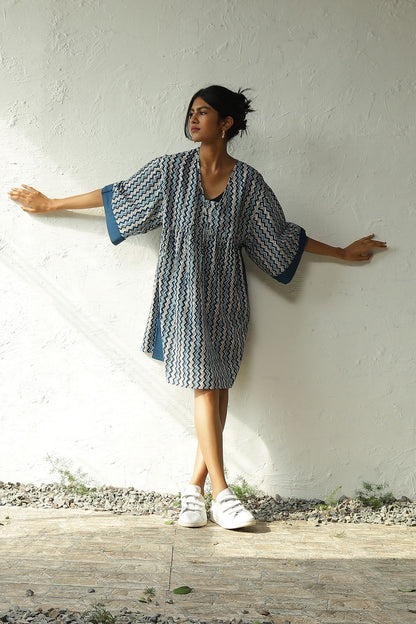 Blue Printed Cotton Oversized Dress by Canoopi with Block Prints, Blue, Canoopi, Casual Wear, Cotton, Dresses, Mini Dresses, Natural, Prints, Regular Fit, Womenswear at Kamakhyaa for sustainable fashion