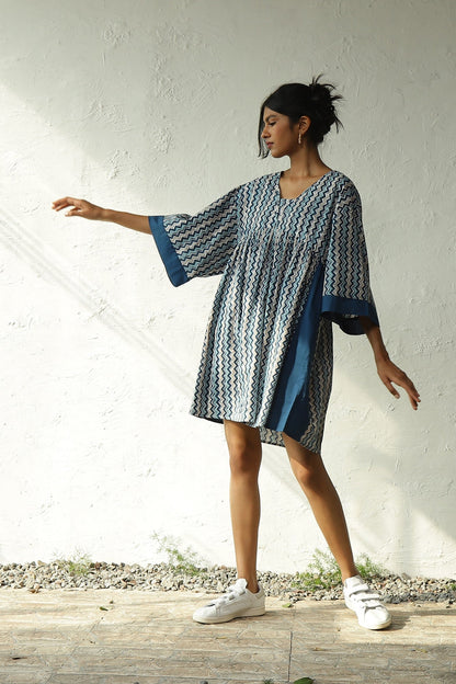 Blue Printed Cotton Oversized Dress by Canoopi with Block Prints, Blue, Canoopi, Casual Wear, Cotton, Dresses, Mini Dresses, Natural, Prints, Regular Fit, Womenswear at Kamakhyaa for sustainable fashion