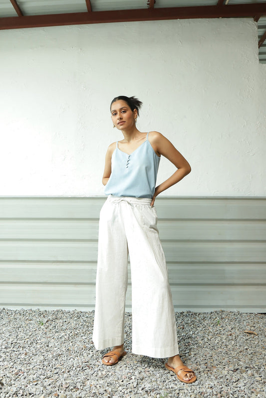 Blue Denim Top Cotton Pant Set by Canoopi with Blue, Canoopi, Casual Wear, Complete Sets, Denim, Khadi, Natural, Regular Fit, Solids, Vacation Co-ords, White, Womenswear at Kamakhyaa for sustainable fashion