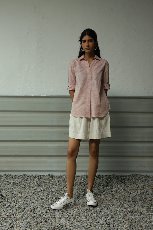 Pink Pleated Cotton Shirt With White Short Set by Canoopi with Canoopi, Casual Wear, Complete Sets, Khadi, Natural, Pink, Rayon, Regular Fit, Solids, Vacation Co-ords, White, Womenswear at Kamakhyaa for sustainable fashion