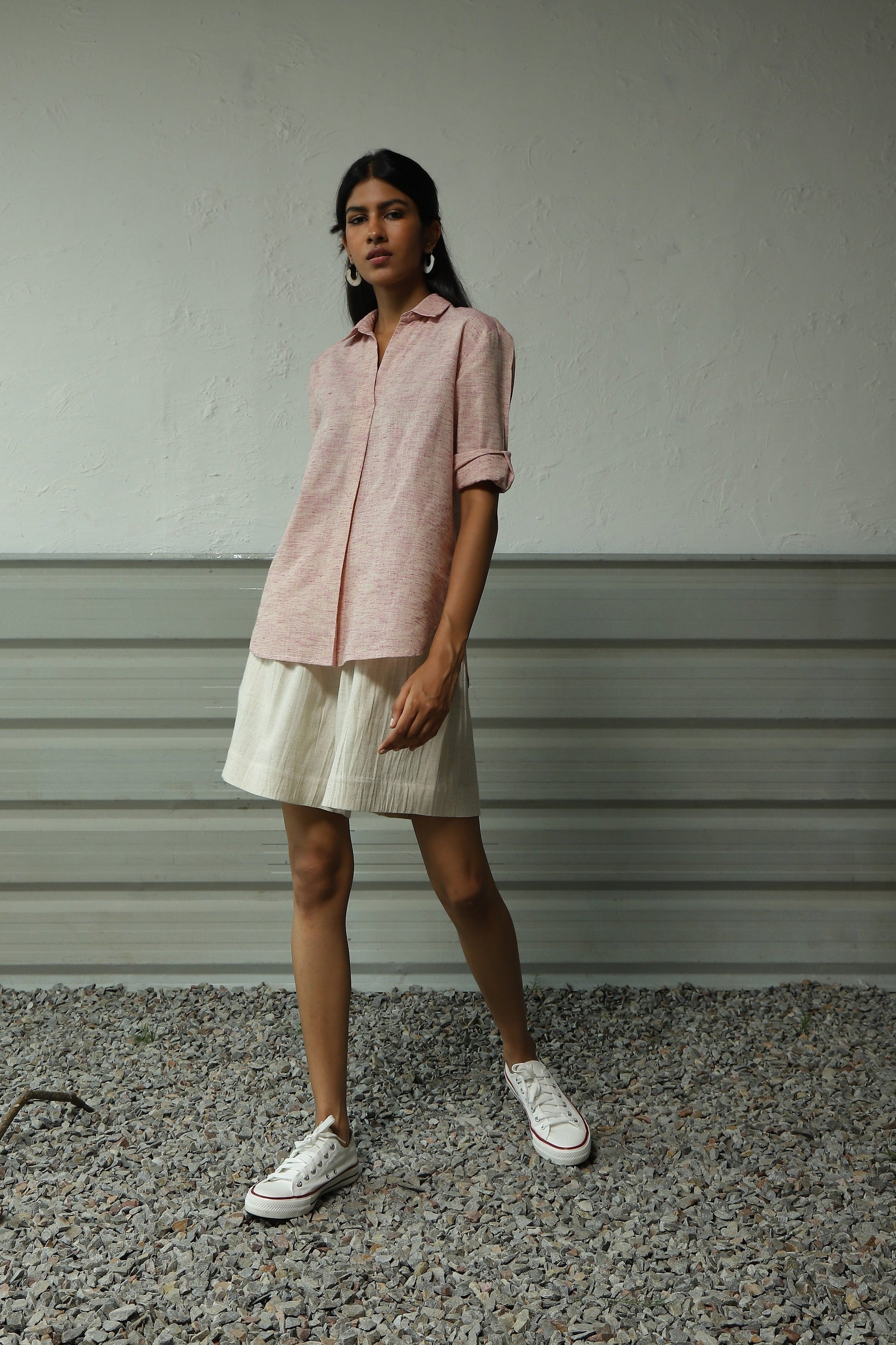 Pink Pleated Cotton Shirt With White Short Set by Canoopi with Canoopi, Casual Wear, Complete Sets, Khadi, Natural, Pink, Rayon, Regular Fit, Solids, Vacation Co-ords, White, Womenswear at Kamakhyaa for sustainable fashion