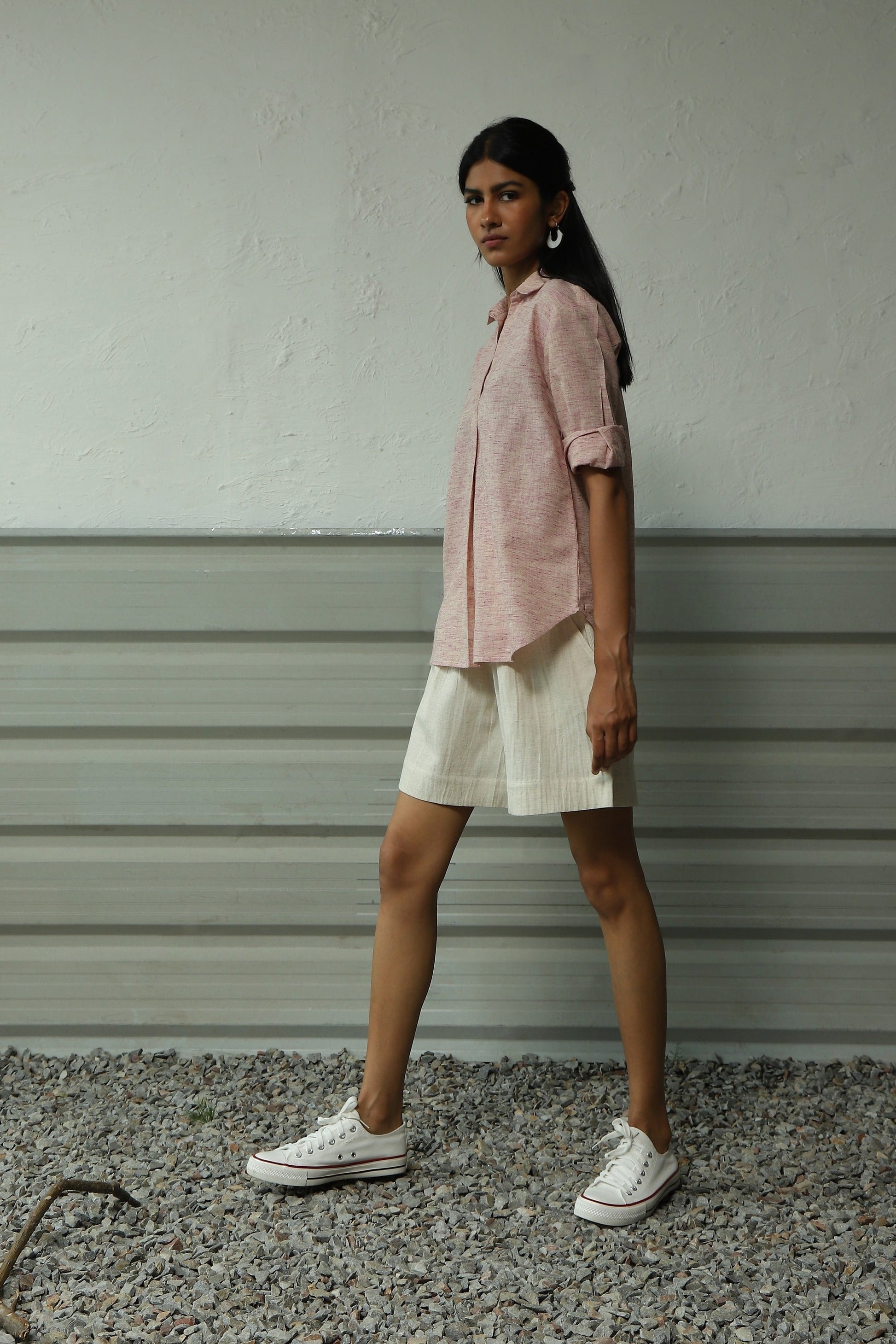 Pink Pleated Cotton Shirt With White Short Set by Canoopi with Canoopi, Casual Wear, Complete Sets, Khadi, Natural, Pink, Rayon, Regular Fit, Solids, Vacation Co-ords, White, Womenswear at Kamakhyaa for sustainable fashion