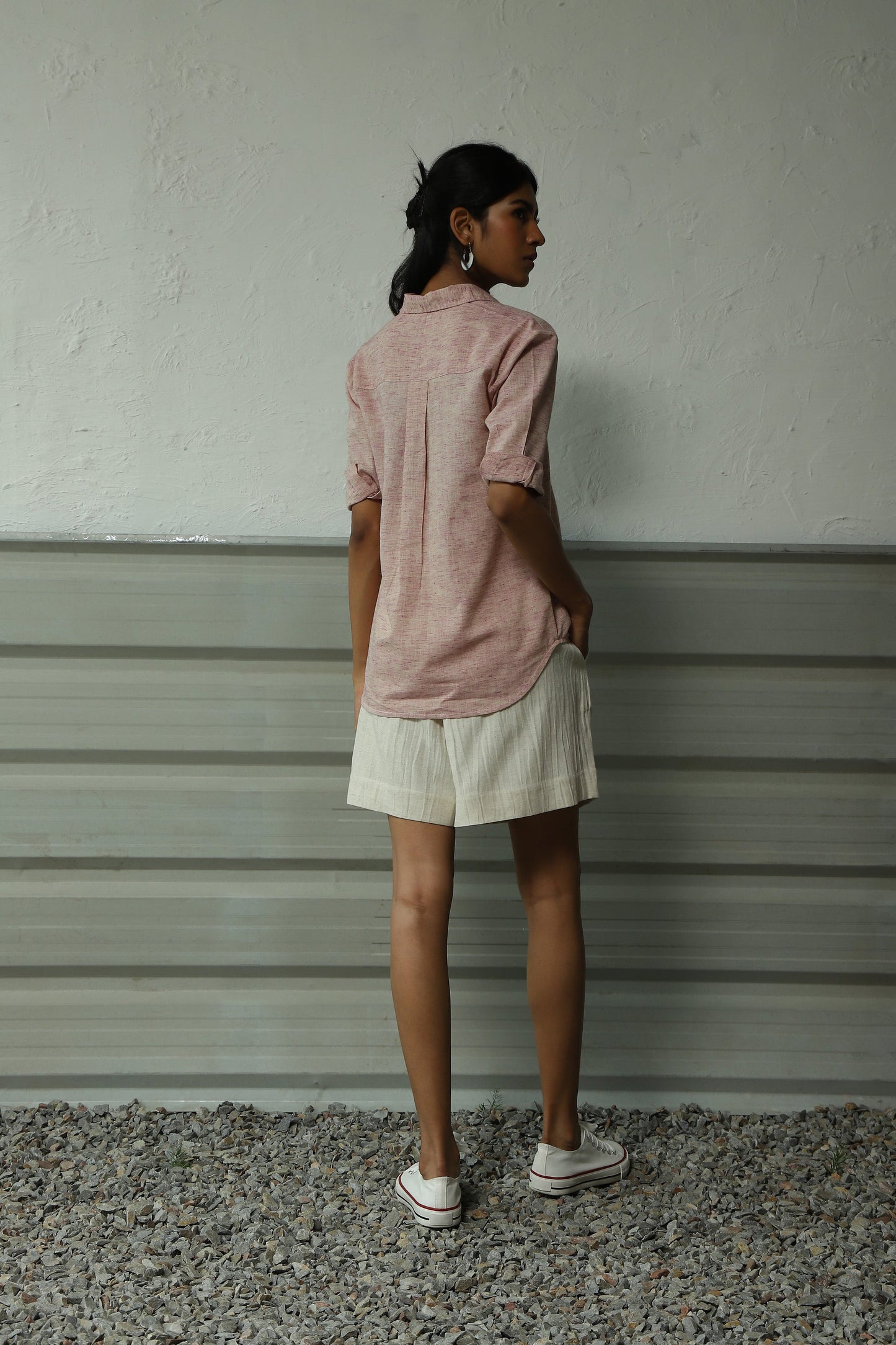 Pink Pleated Cotton Shirt With White Short Set by Canoopi with Canoopi, Casual Wear, Complete Sets, Khadi, Natural, Pink, Rayon, Regular Fit, Solids, Vacation Co-ords, White, Womenswear at Kamakhyaa for sustainable fashion