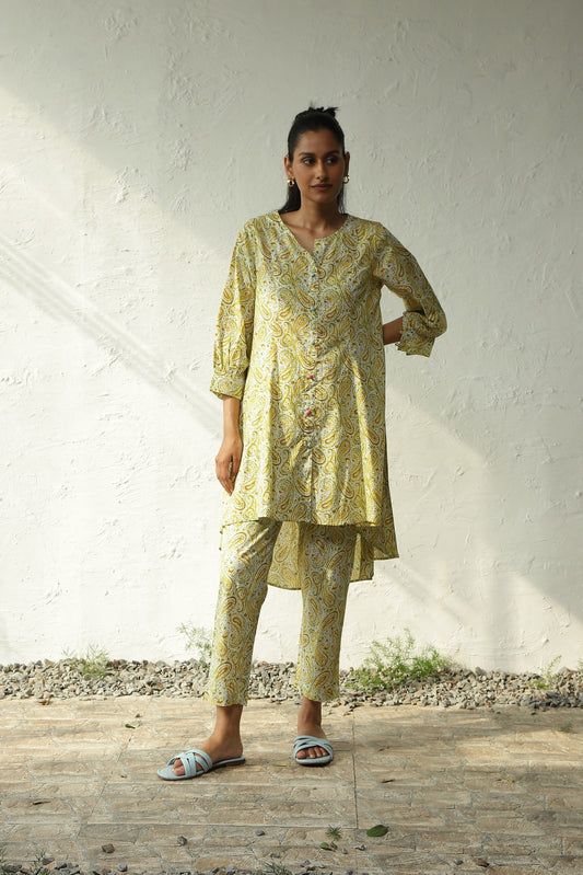 Green Printed Cotton Flared Co-Ord Set by Canoopi with Block Prints, Canoopi, Casual Wear, Cotton, Green, Indian Wear, Kurta Pant Sets, Natural, Prints, Regular Fit, Womenswear at Kamakhyaa for sustainable fashion