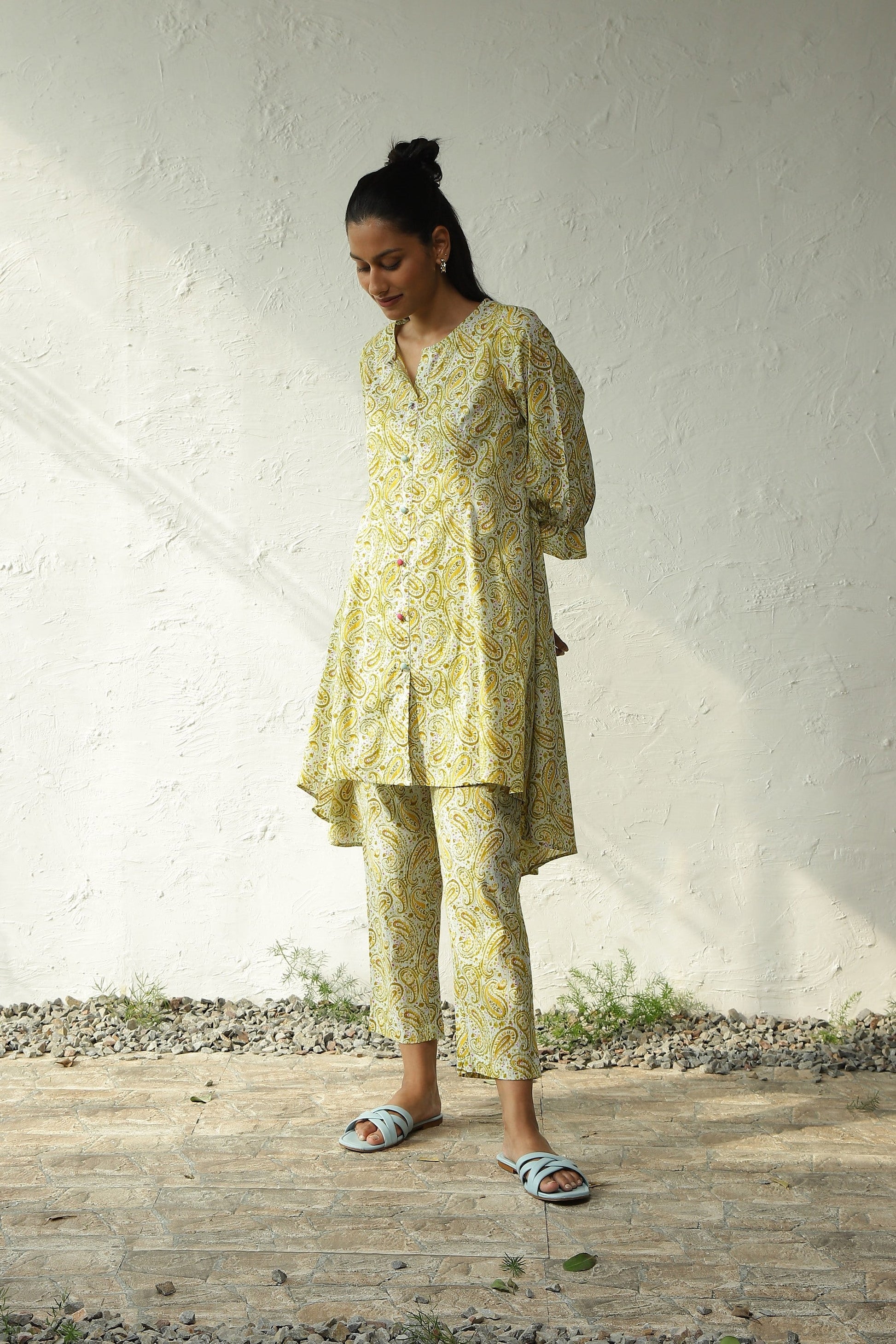 Green Printed Cotton Flared Co-Ord Set by Canoopi with Block Prints, Canoopi, Casual Wear, Cotton, Green, Indian Wear, Kurta Pant Sets, Natural, Prints, Regular Fit, Womenswear at Kamakhyaa for sustainable fashion