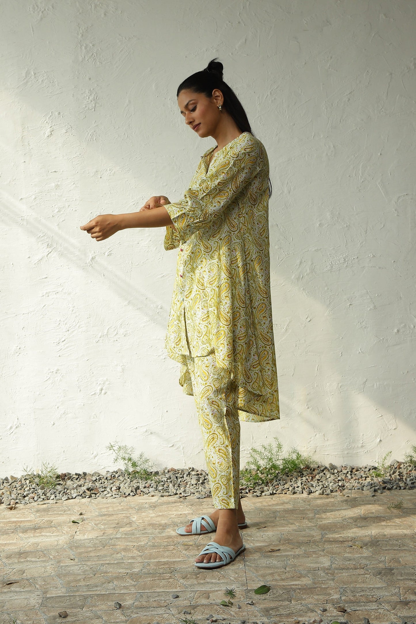 Green Printed Cotton Flared Co-Ord Set by Canoopi with Block Prints, Canoopi, Casual Wear, Cotton, Green, Indian Wear, Kurta Pant Sets, Natural, Prints, Regular Fit, Womenswear at Kamakhyaa for sustainable fashion