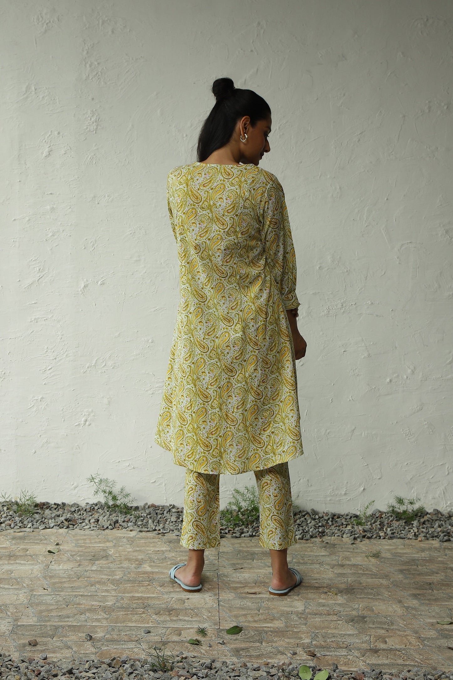 Green Printed Cotton Flared Co-Ord Set by Canoopi with Block Prints, Canoopi, Casual Wear, Cotton, Green, Indian Wear, Kurta Pant Sets, Natural, Prints, Regular Fit, Womenswear at Kamakhyaa for sustainable fashion