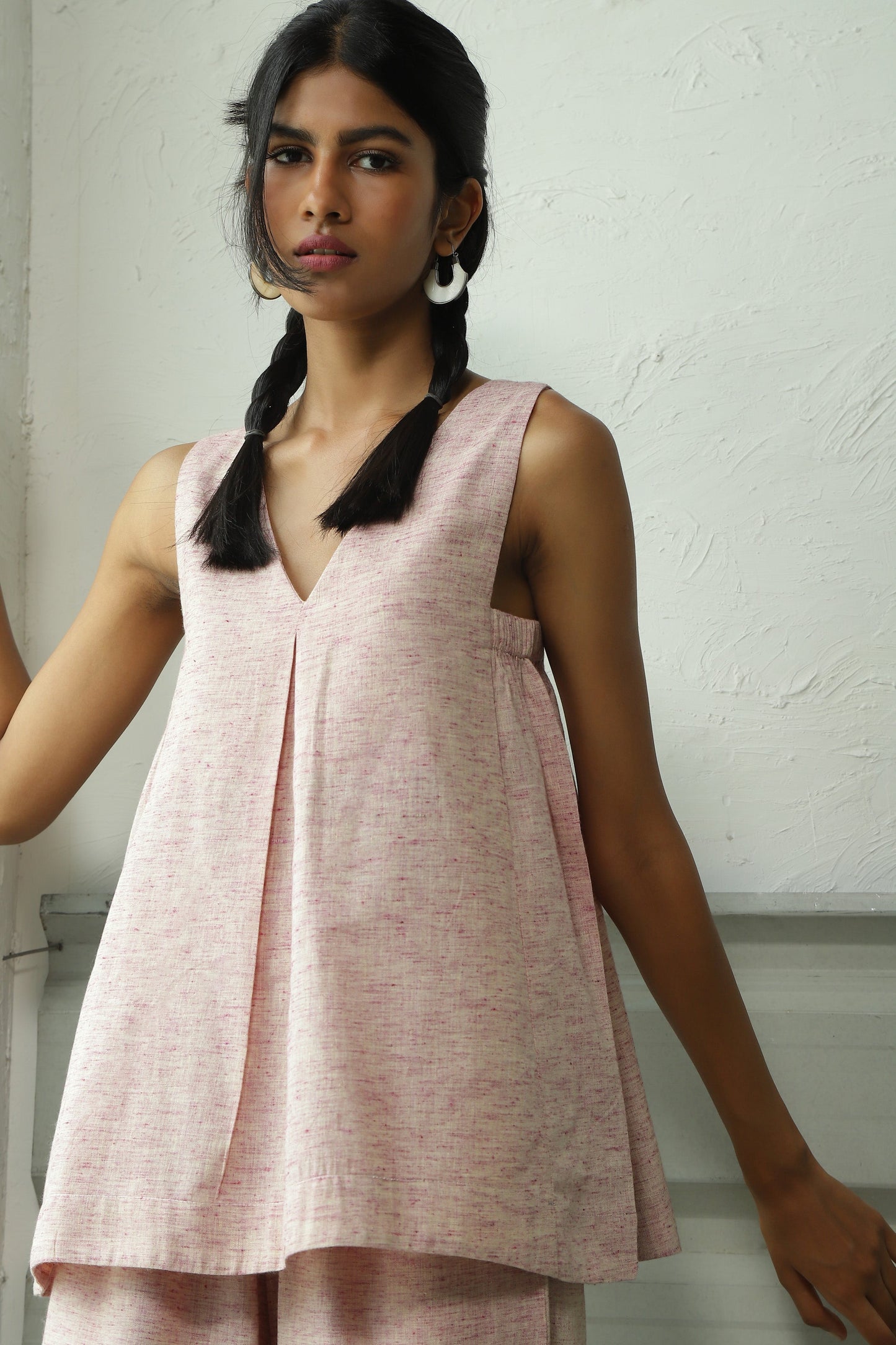 Pink Khadi Cotton Sleeveless Co-Ord Set by Canoopi with Canoopi, Casual Wear, Complete Sets, Khadi, Natural, Pink, Regular Fit, Solids, Vacation Co-ords, Womenswear at Kamakhyaa for sustainable fashion