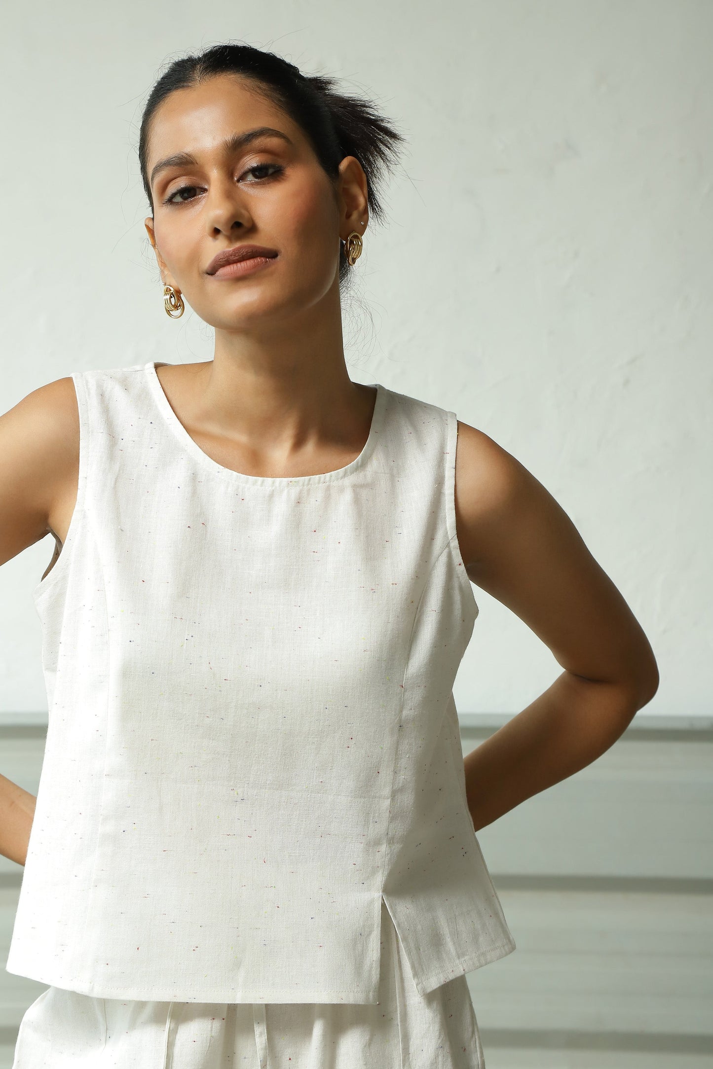 White Cotton Front Slit Top With Palazzo Co-Ord Set by Canoopi with Canoopi, Casual Wear, Complete Sets, Khadi, Natural, Regular Fit, Solids, Vacation Co-ords, White, Womenswear at Kamakhyaa for sustainable fashion