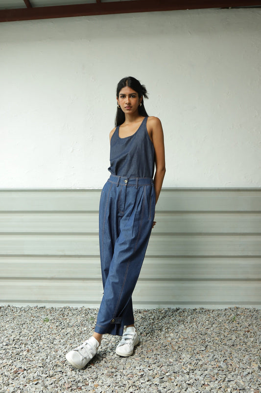 Blue Denim Scoop Neck Co-Ord Set by Canoopi with Blue, Canoopi, Casual Wear, Complete Sets, Cotton, Denim, Natural, Regular Fit, Solids, Vacation Co-ords, Womenswear at Kamakhyaa for sustainable fashion