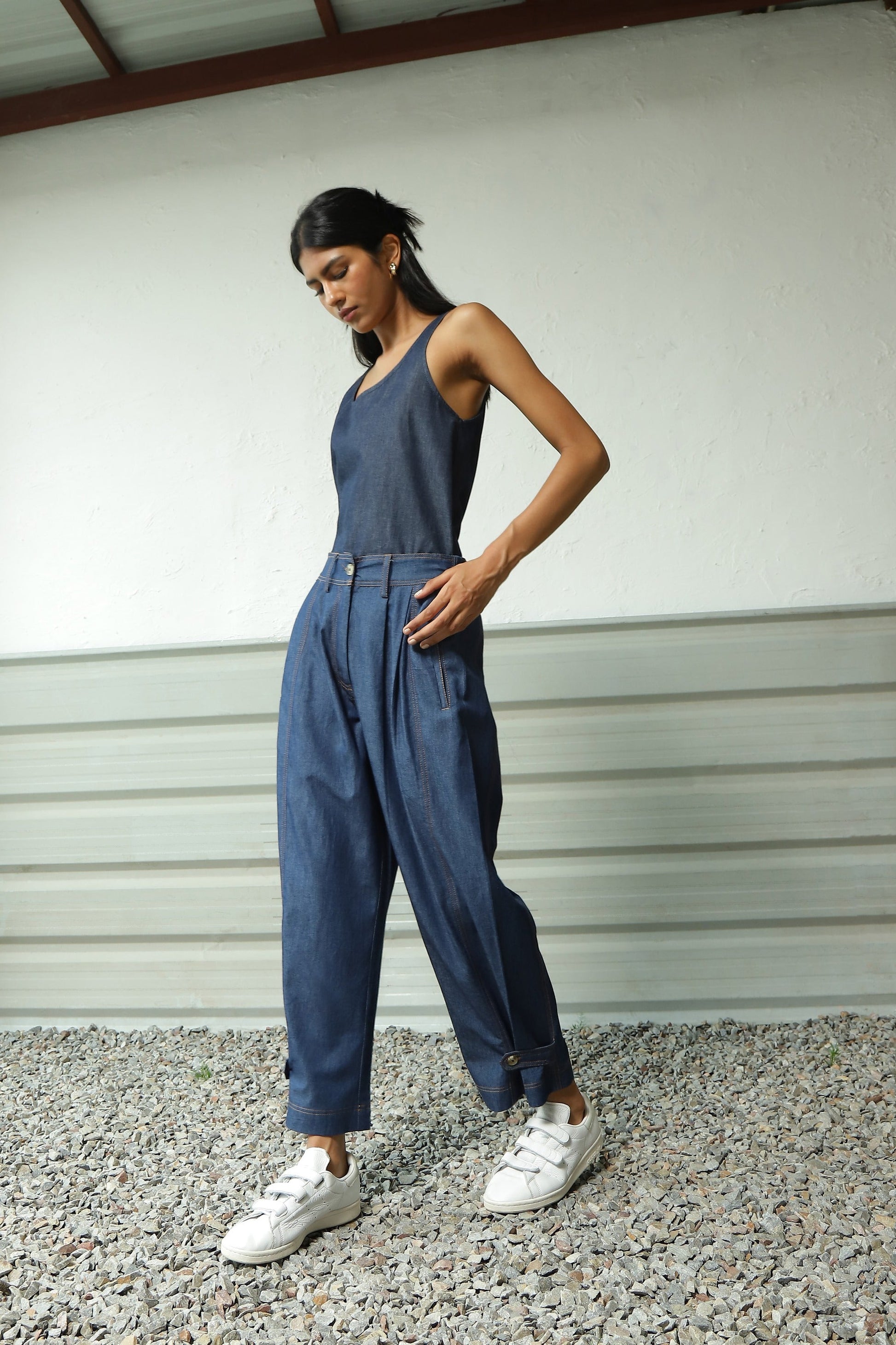 Blue Denim Scoop Neck Co-Ord Set by Canoopi with Blue, Canoopi, Casual Wear, Complete Sets, Cotton, Denim, Natural, Regular Fit, Solids, Vacation Co-ords, Womenswear at Kamakhyaa for sustainable fashion