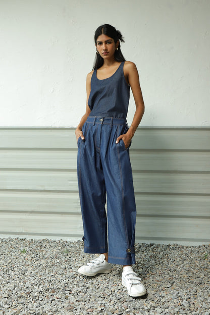 Blue Denim Scoop Neck Co-Ord Set by Canoopi with Blue, Canoopi, Casual Wear, Complete Sets, Cotton, Denim, Natural, Regular Fit, Solids, Vacation Co-ords, Womenswear at Kamakhyaa for sustainable fashion