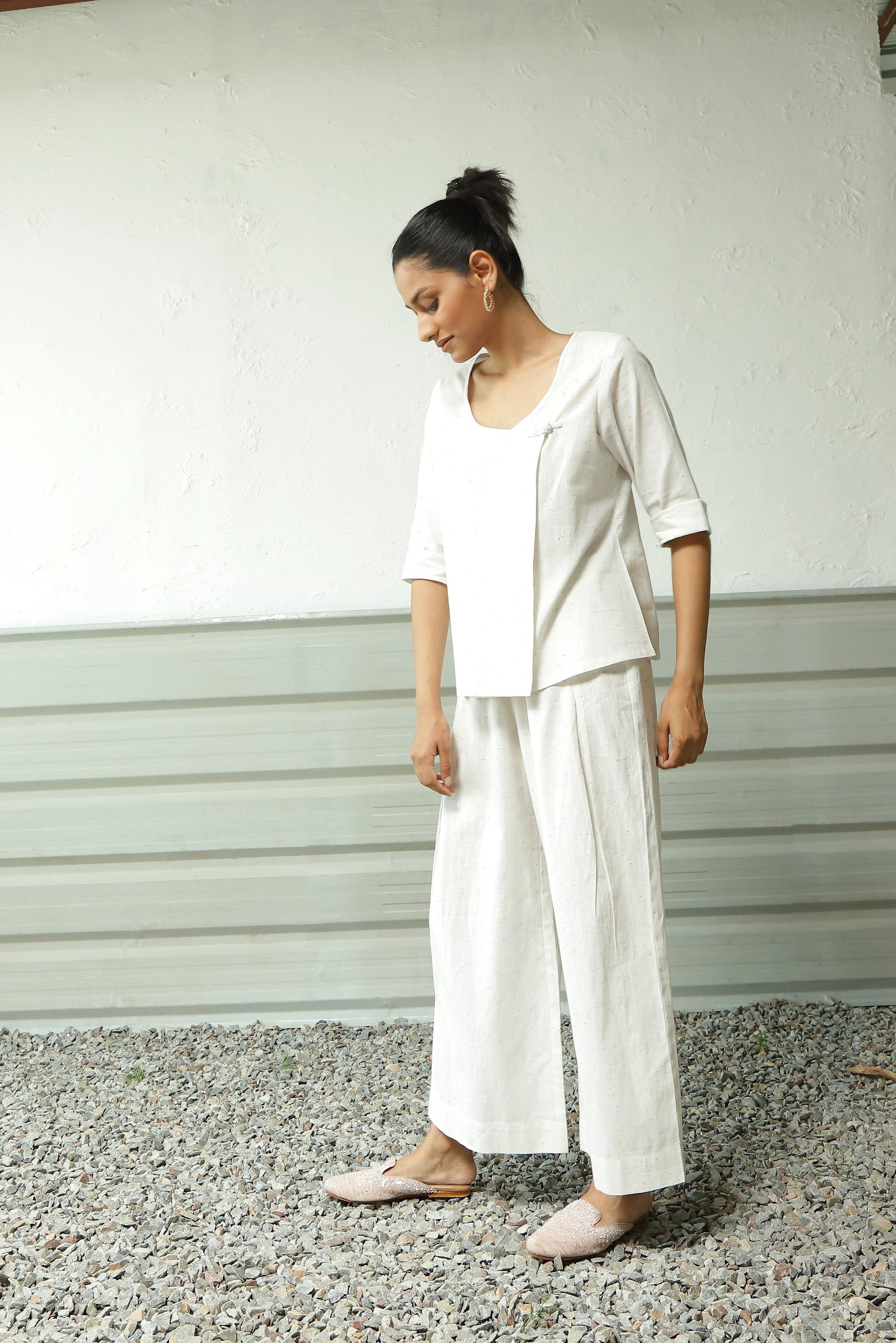 White Cotton Overlap Top Pant Set by Canoopi with Canoopi, Casual Wear, Complete Sets, Khadi, Natural, Regular Fit, Solids, Vacation Co-ords, White, Womenswear at Kamakhyaa for sustainable fashion