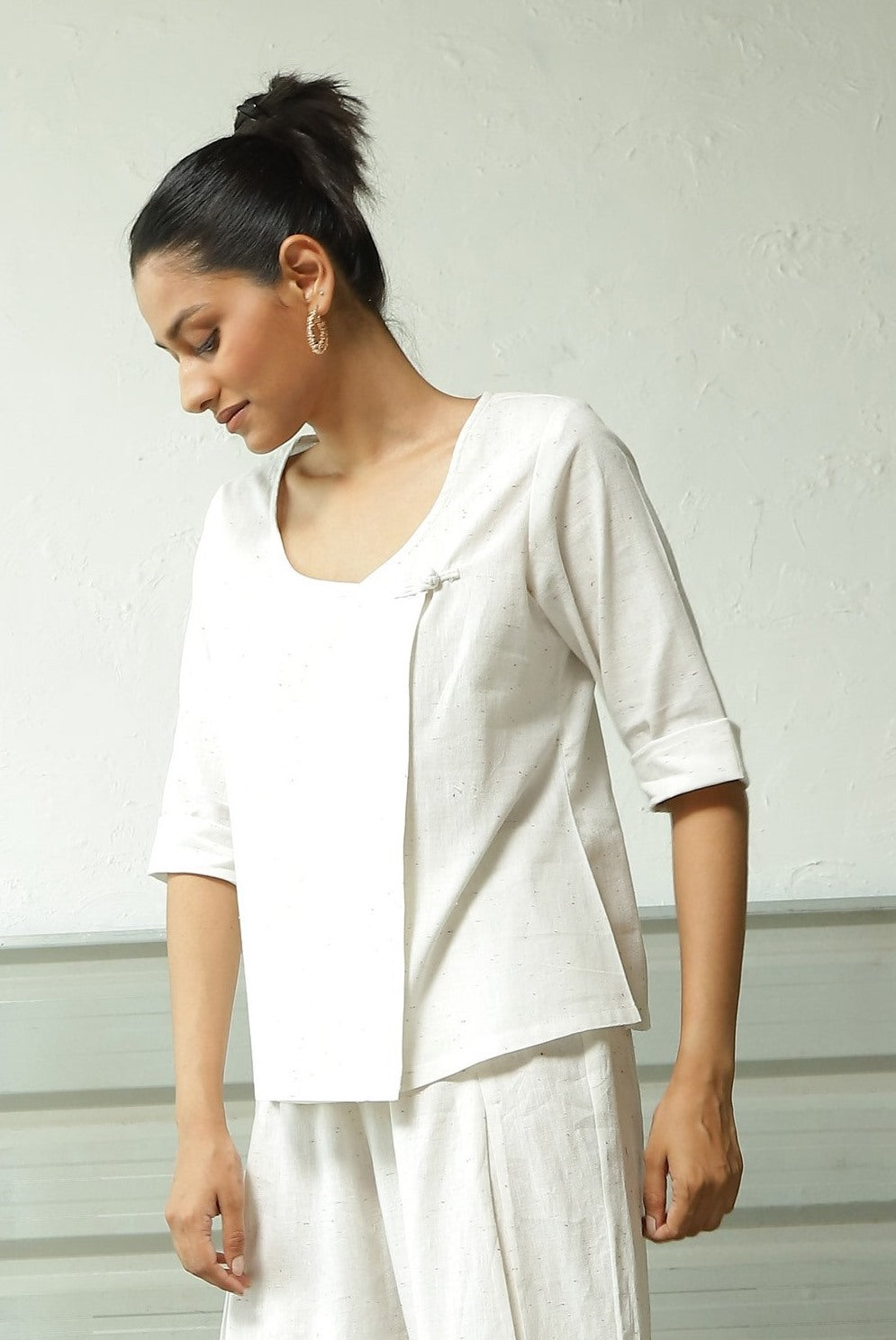 White Cotton Overlap Top Pant Set by Canoopi with Canoopi, Casual Wear, Complete Sets, Khadi, Natural, Regular Fit, Solids, Vacation Co-ords, White, Womenswear at Kamakhyaa for sustainable fashion