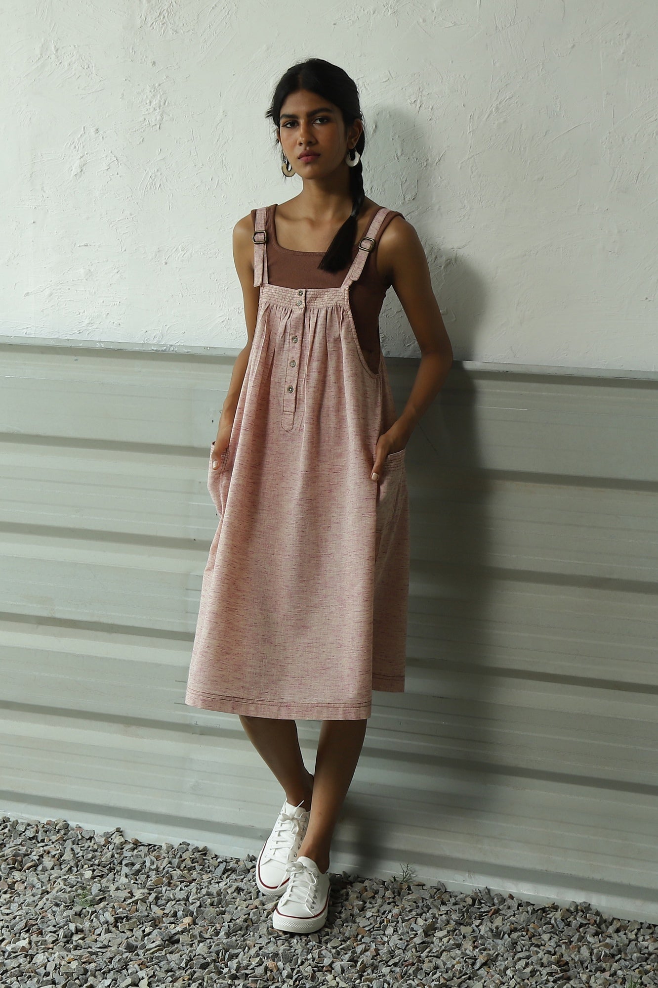 Pink Cotton Suspender Dress by Canoopi with Canoopi, Casual Wear, Dresses, Khadi, Natural, Pink, Regular Fit, Sleeveless Dresses, Solids, Womenswear at Kamakhyaa for sustainable fashion