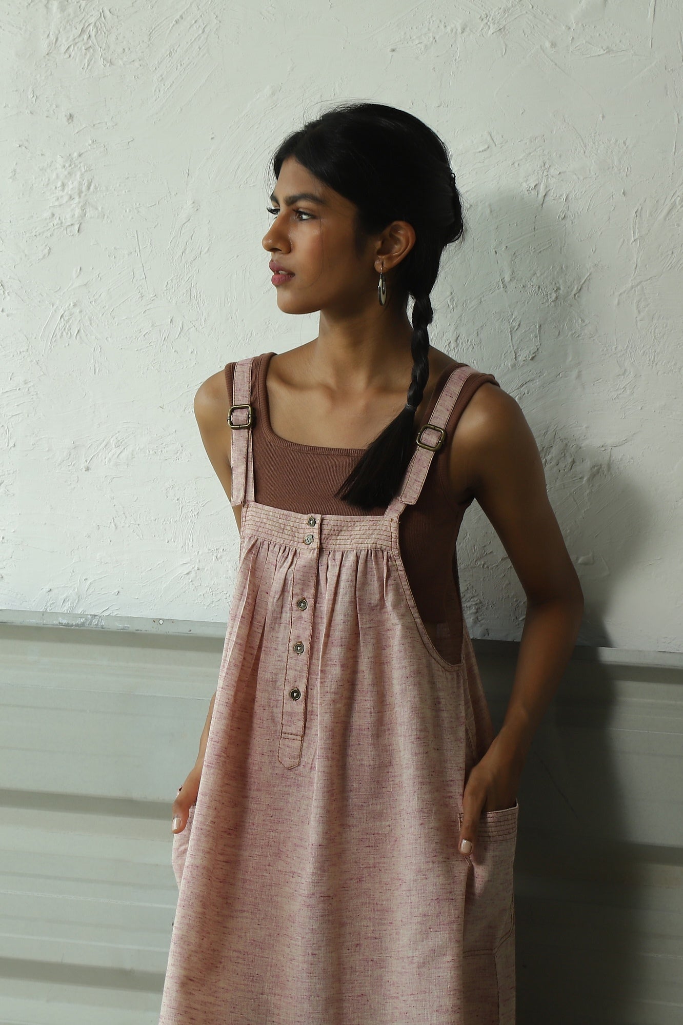 Pink Cotton Suspender Dress by Canoopi with Canoopi, Casual Wear, Dresses, Khadi, Natural, Pink, Regular Fit, Sleeveless Dresses, Solids, Womenswear at Kamakhyaa for sustainable fashion
