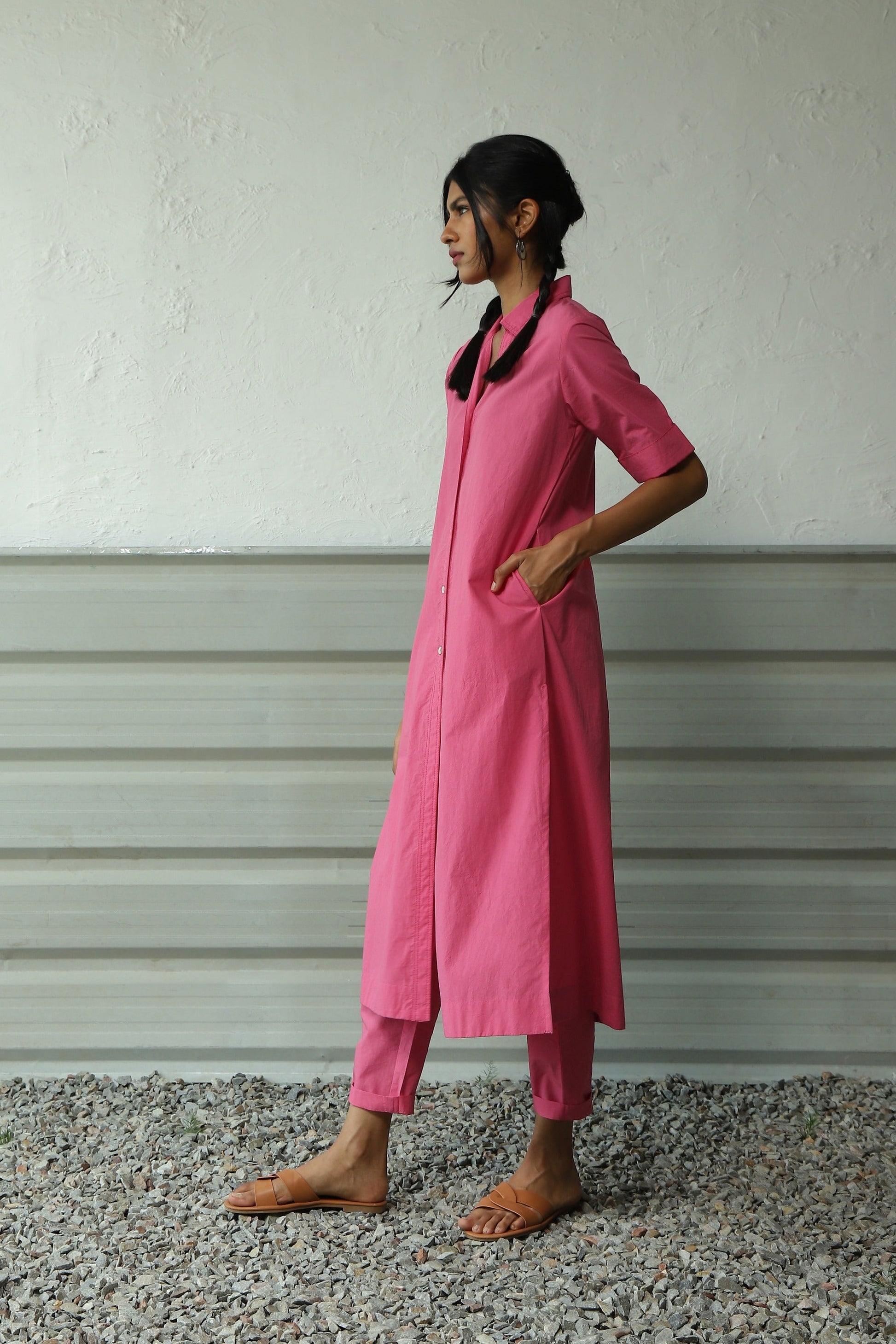 Pink Shirt Tunic Pant Set by Canoopi with Canoopi, Casual Wear, Indian Wear, Kurta Pant Sets, Natural, Pink, Poplin, Regular Fit, Solids, Womenswear at Kamakhyaa for sustainable fashion