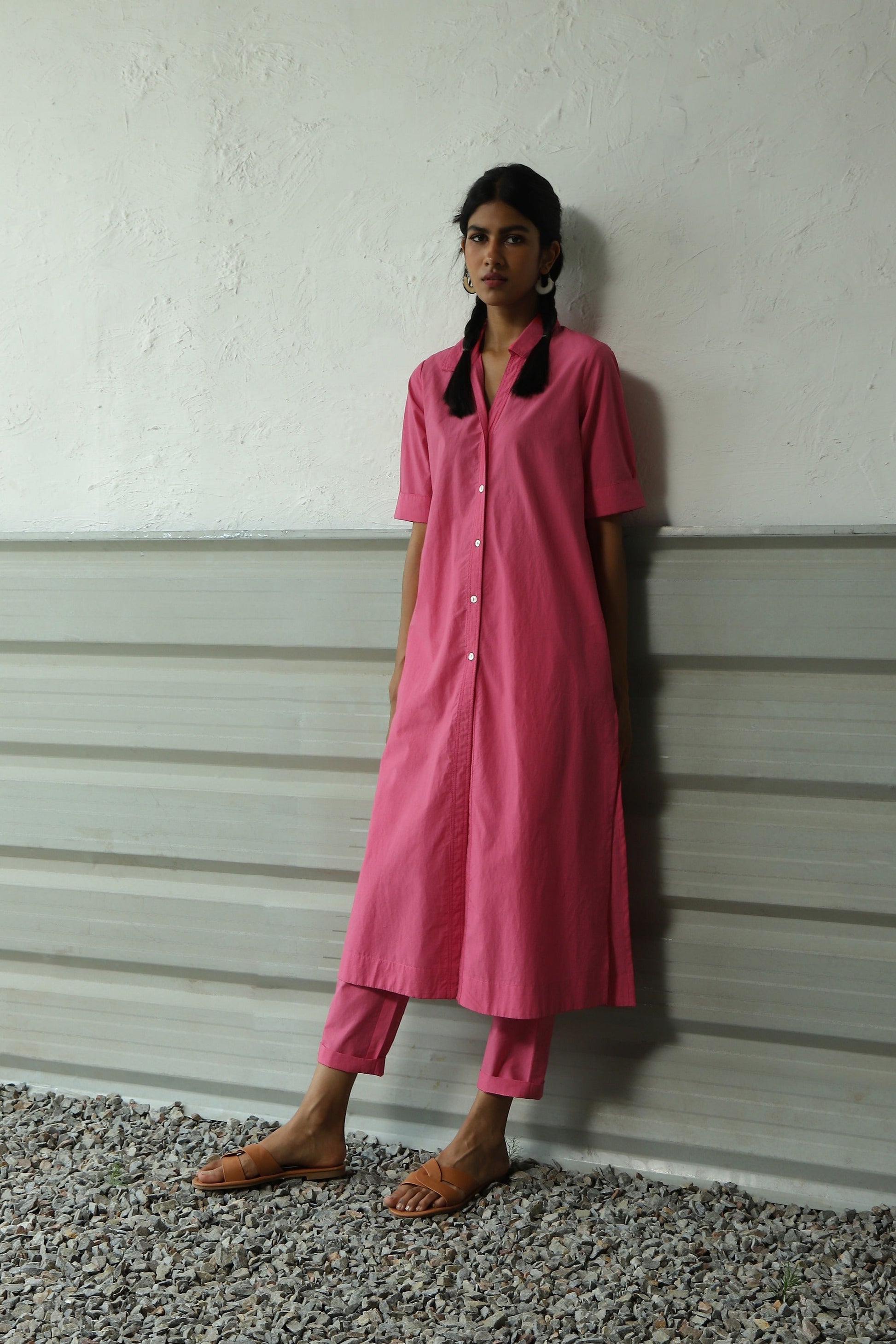 Pink Shirt Tunic Pant Set by Canoopi with Canoopi, Casual Wear, Indian Wear, Kurta Pant Sets, Natural, Pink, Poplin, Regular Fit, Solids, Womenswear at Kamakhyaa for sustainable fashion