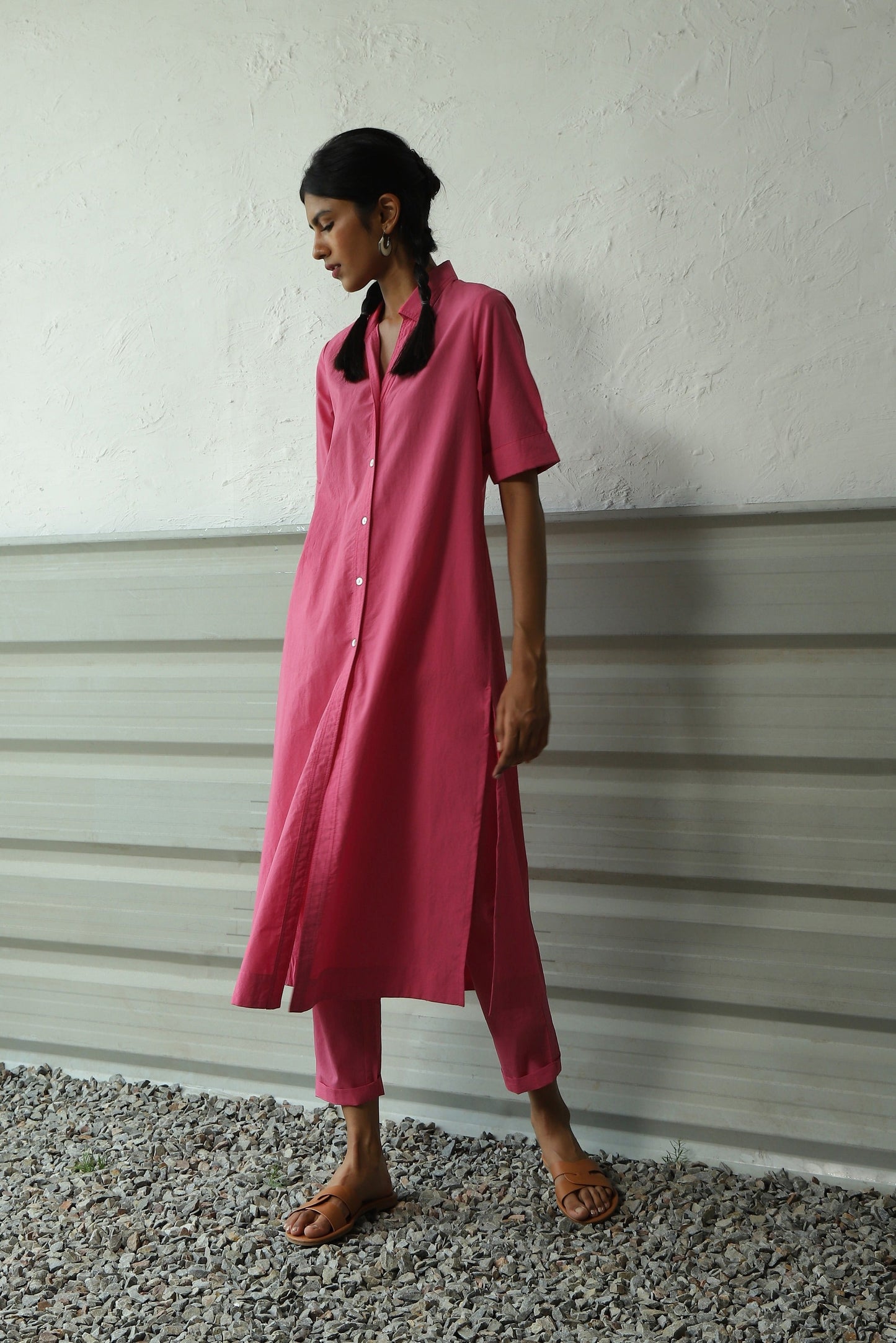 Pink Shirt Tunic Pant Set by Canoopi with Canoopi, Casual Wear, Indian Wear, Kurta Pant Sets, Natural, Pink, Poplin, Regular Fit, Solids, Womenswear at Kamakhyaa for sustainable fashion