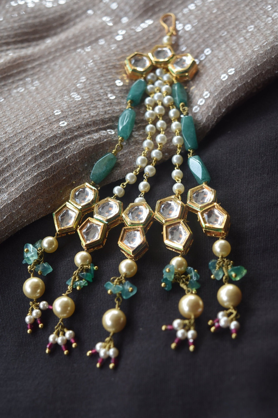 Green Choodamani passa by House Of Heer with Alloy Metal, Beaded Jewellery, Festive Jewellery, Festive Wear, Free Size, Gemstone, Green, jewelry, July Sale, July Sale 2023, Natural, Passas, Pearl, Polkis, Solids, Wedding Gifts at Kamakhyaa for sustainable fashion