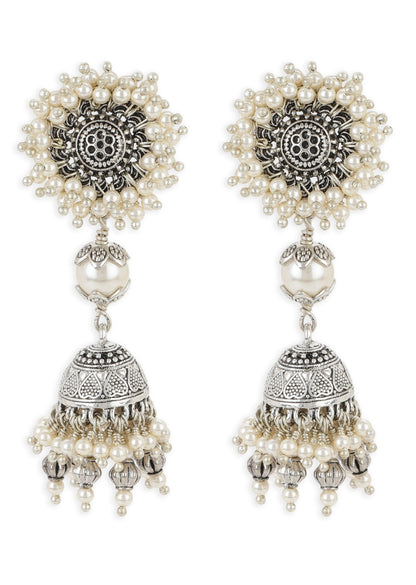 Pearl Droplet Jhumkis by House Of Heer with Alloy Metal, Festive Jewellery, Festive Wear, Free Size, Handcrafted, jewelry, Jhumkas, July Sale, July Sale 2023, Mix metal, Multicolor, Natural, Pearl, Silver, Solids, Textured at Kamakhyaa for sustainable fashion