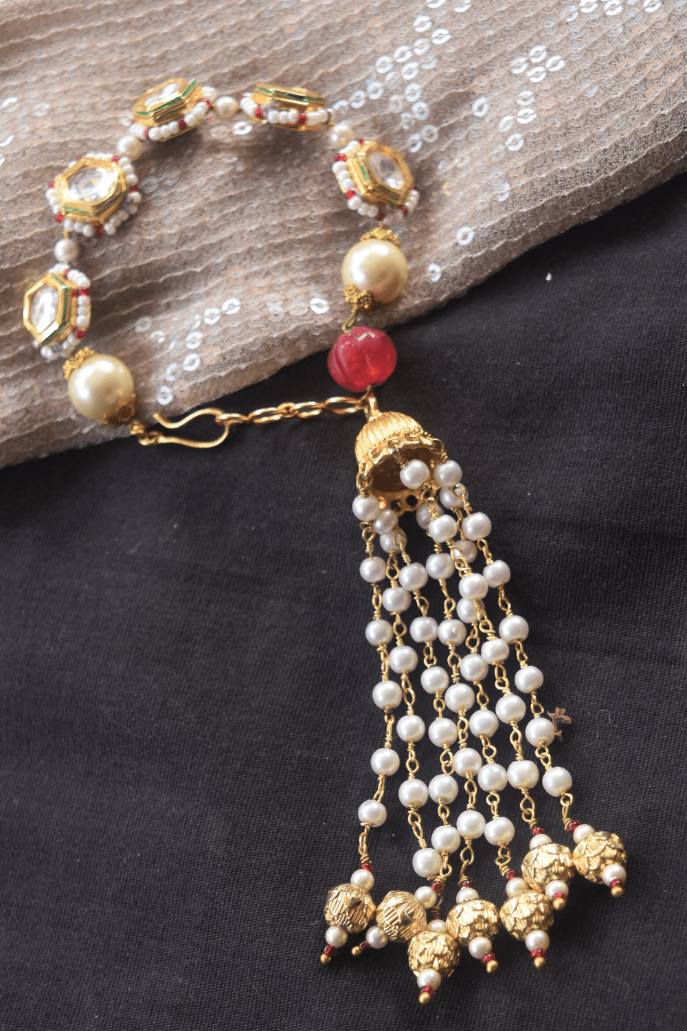 White Bracelet Kubera by House Of Heer with Add Ons, Alloy Metal, Bracelets, Festive Jewellery, Festive Wear, jewelry, July Sale, July Sale 2023, Less than $50, Natural, Pearl, Polkis, Textured, White at Kamakhyaa for sustainable fashion