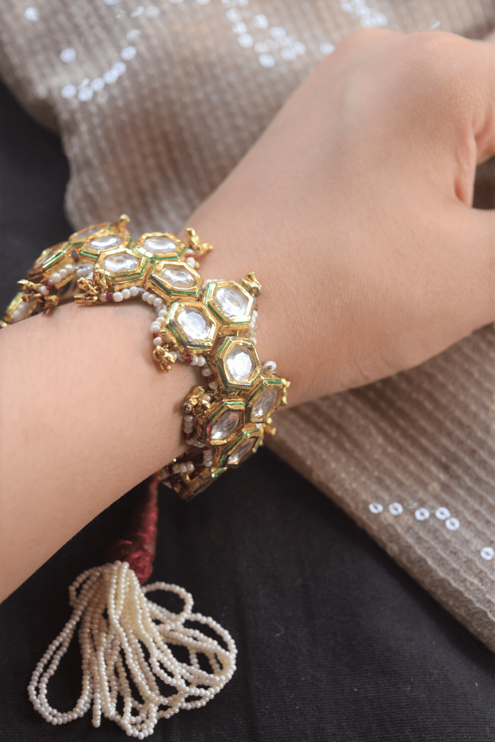 Red Honeycomb Pochi Bracelet by House Of Heer with Alloy Metal, Bracelets, Festive Wear, Free Size, jewelry, Multicolor, Natural, rakhis & lumbas, Textured at Kamakhyaa for sustainable fashion