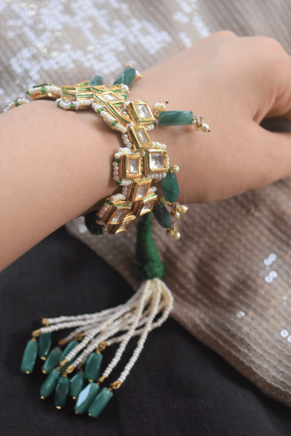 Square Polki Pochi Bracelet by House Of Heer with Alloy Metal, Bracelets, Festive Wear, Free Size, jewelry, Multicolor, Natural, Polkis, rakhis & lumbas, Textured at Kamakhyaa for sustainable fashion