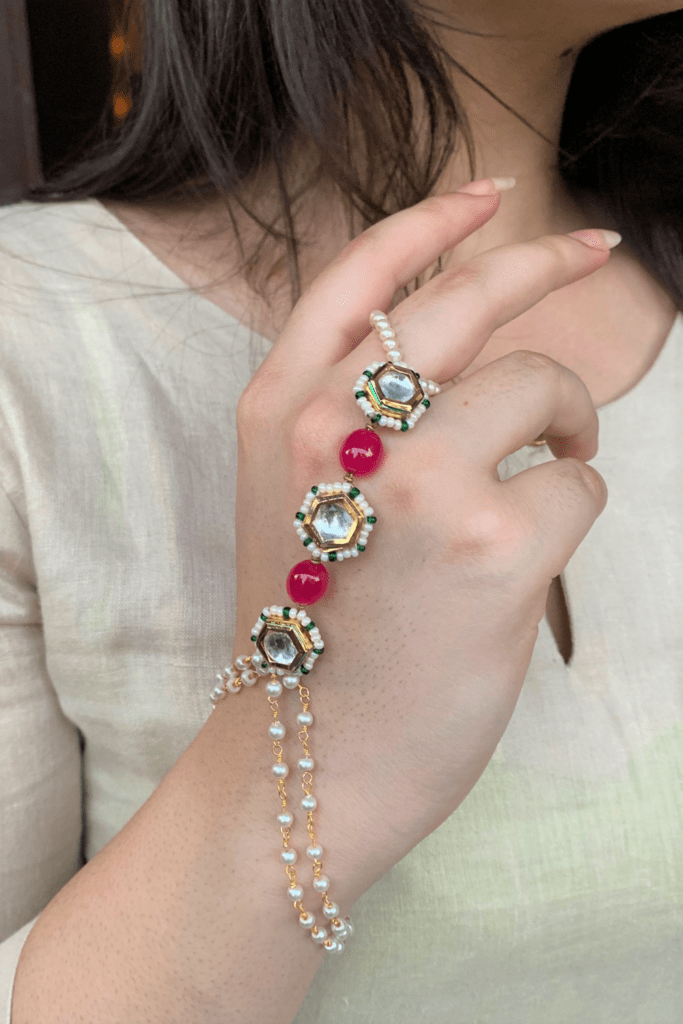 White Bracelets Falak Hand Harness by House Of Heer with Add Ons, Alloy Metal, Bracelets, Festive Jewellery, Festive Wear, Free Size, Gemstone, jewelry, July Sale, July Sale 2023, Less than $50, Natural, Pearl, Polkis, Products less than $25, Ring Bracelets, Textured at Kamakhyaa for sustainable fashion