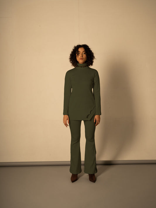 Olive Green Co-ord Set by Meko Studio with Casual Wear, Co-Ord Sets, Cotton, July Sale, July Sale 2023, Office, Office Wear Co-ords, Olive Green, Relaxed Fit, Solids, Tranquil AW-22/23, Tranquil by Meko Studio, Womenswear at Kamakhyaa for sustainable fashion