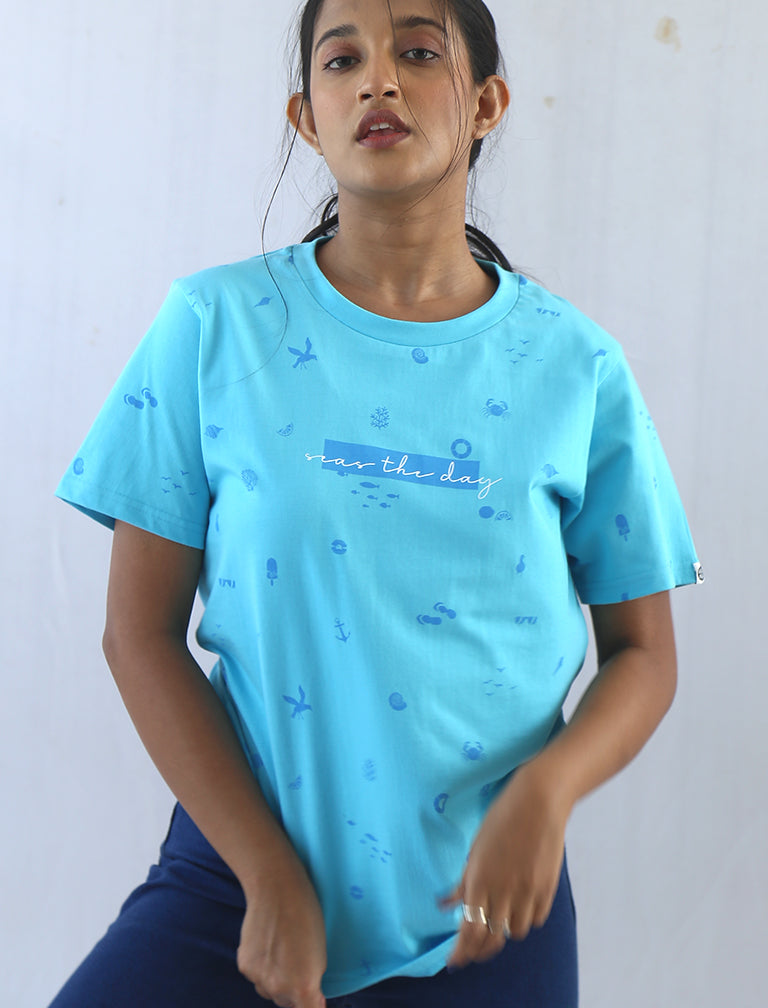 Blue Organic Printed Cotton T-Shirt by Wear Equal with Blue, Casual Wear, Cotton, Less than $50, Natural, Prints, Products less than $25, Regular Fit, T-Shirts, Tops, Womenswear at Kamakhyaa for sustainable fashion