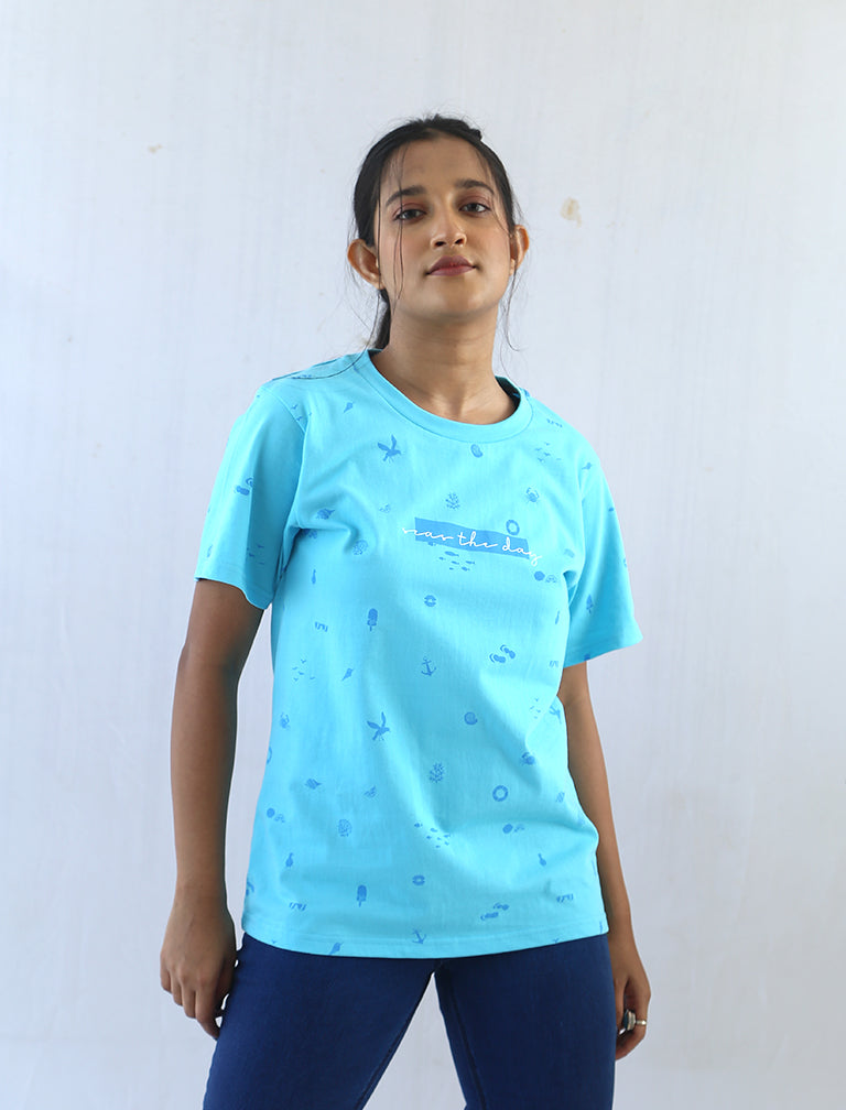 Blue Organic Printed Cotton T-Shirt by Wear Equal with Blue, Casual Wear, Cotton, Less than $50, Natural, Prints, Products less than $25, Regular Fit, T-Shirts, Tops, Womenswear at Kamakhyaa for sustainable fashion