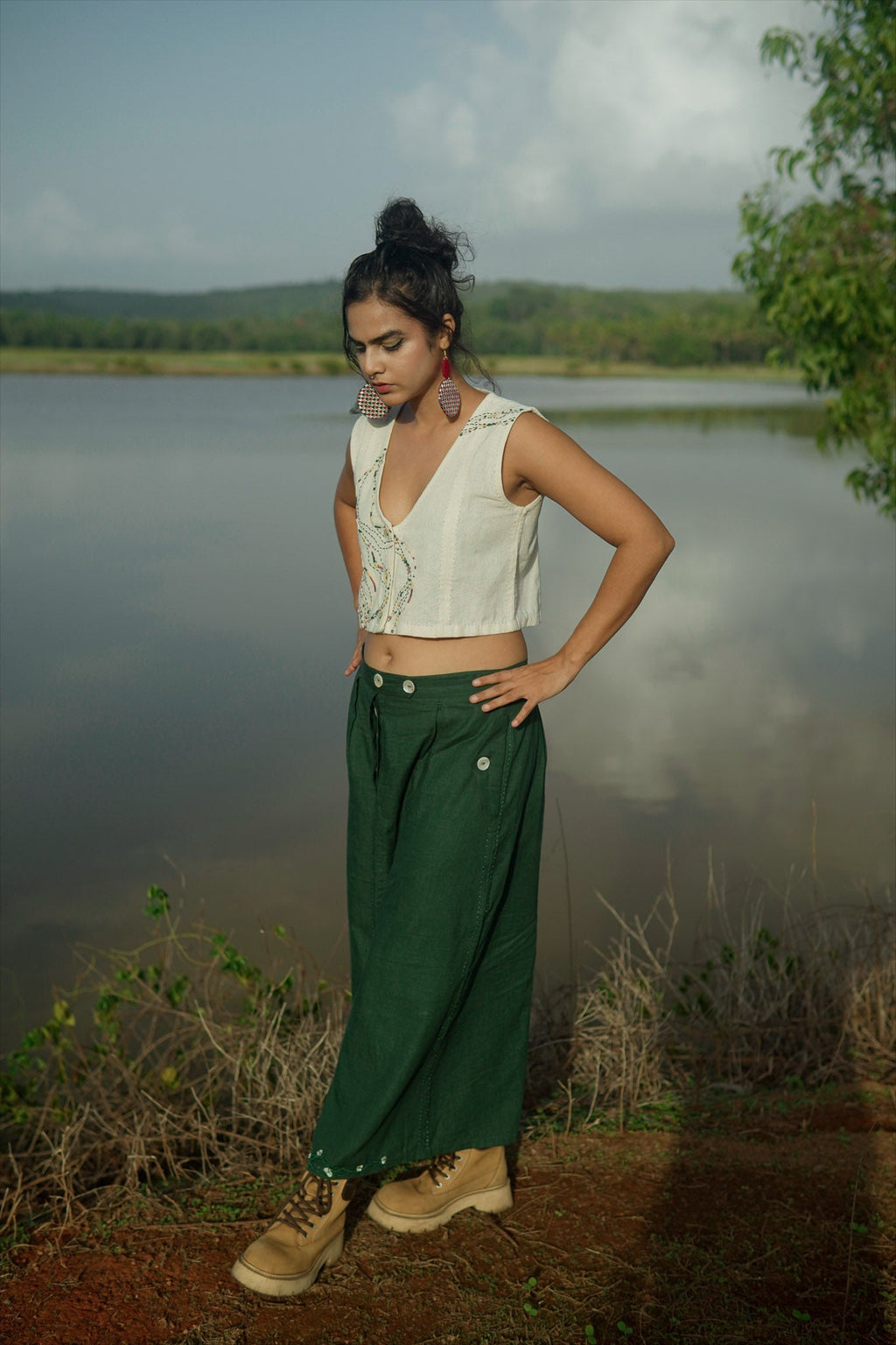 Cropped Blouse & Flared Skirt Set by Lafaani with 100% pure cotton, Casual Wear, Dress Sets, Green, Kora, Natural with azo free dyes, Organic, Regular Fit, Rewind, Rewind by Lafaani, Solids, Womenswear at Kamakhyaa for sustainable fashion