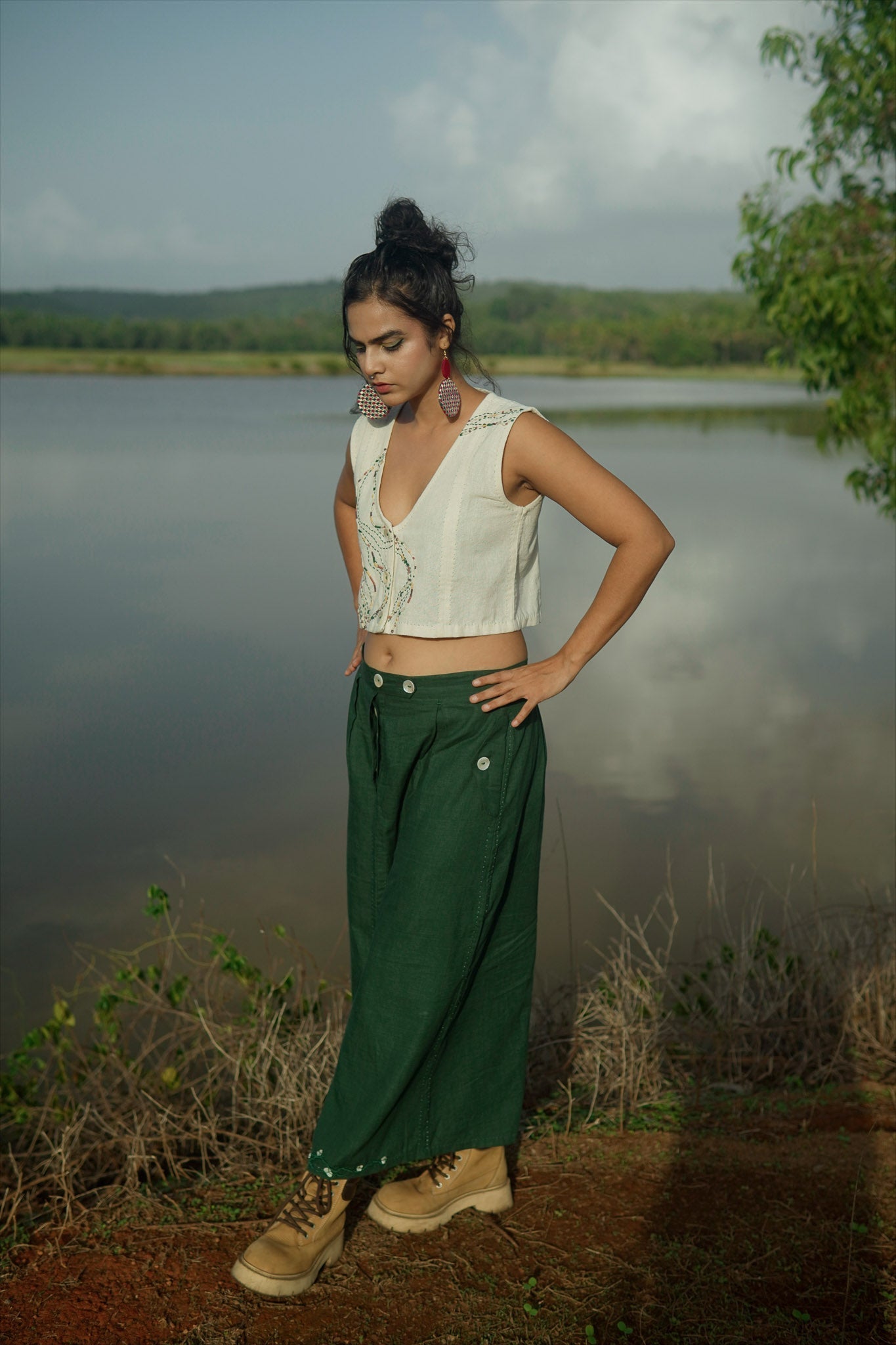 Cropped Blouse & Flared Skirt Set by Lafaani with 100% pure cotton, Casual Wear, Dress Sets, Green, Kora, Natural with azo free dyes, Organic, Regular Fit, Rewind, Rewind by Lafaani, Solids, Womenswear at Kamakhyaa for sustainable fashion