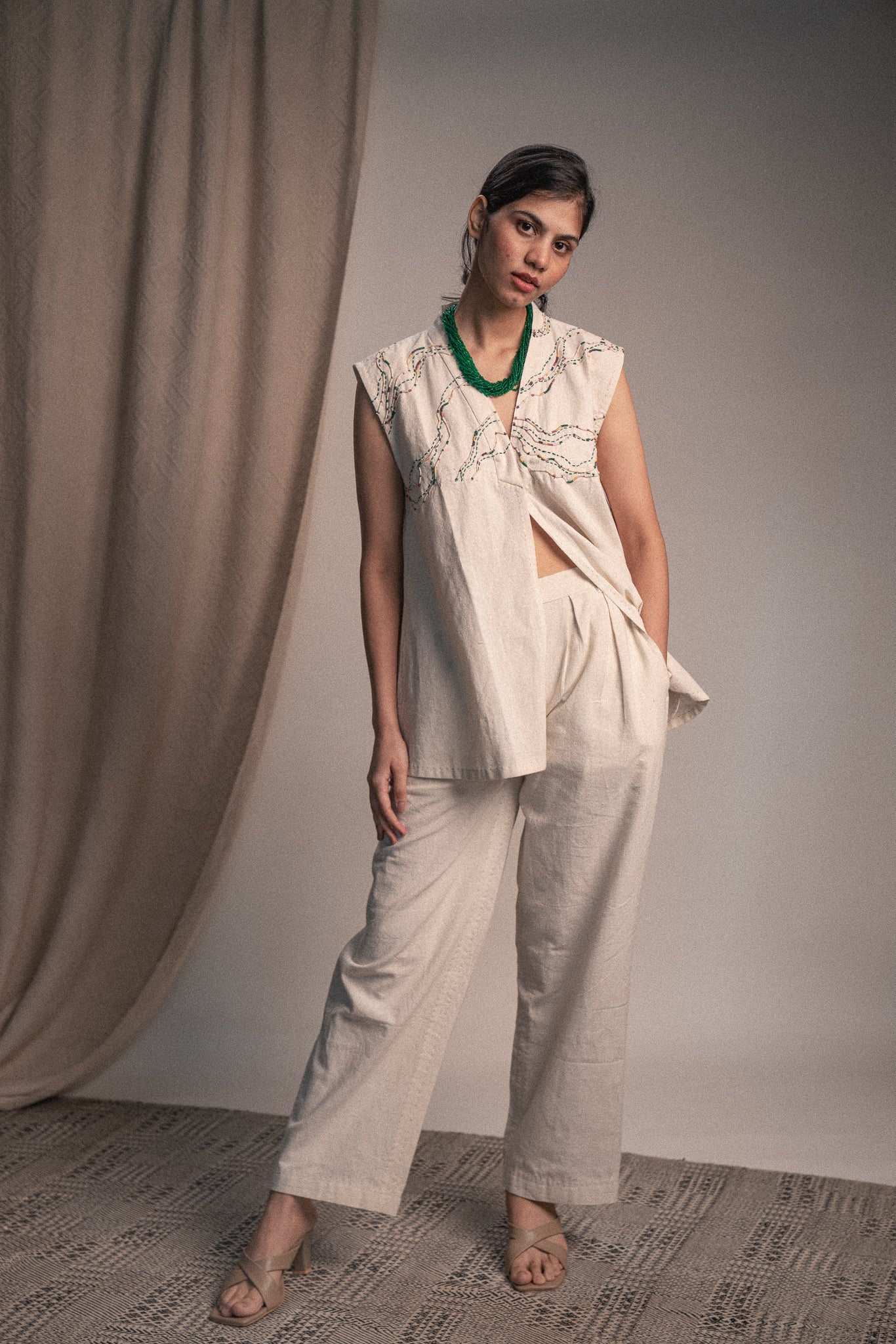 Embroidered Shrug by Lafaani with 100% pure cotton, Casual Wear, Embroidered, Kora, Organic, Regular Fit, Rewind, Rewind by Lafaani, Shrugs, Solids, Undyed and Unbleached, Womenswear at Kamakhyaa for sustainable fashion