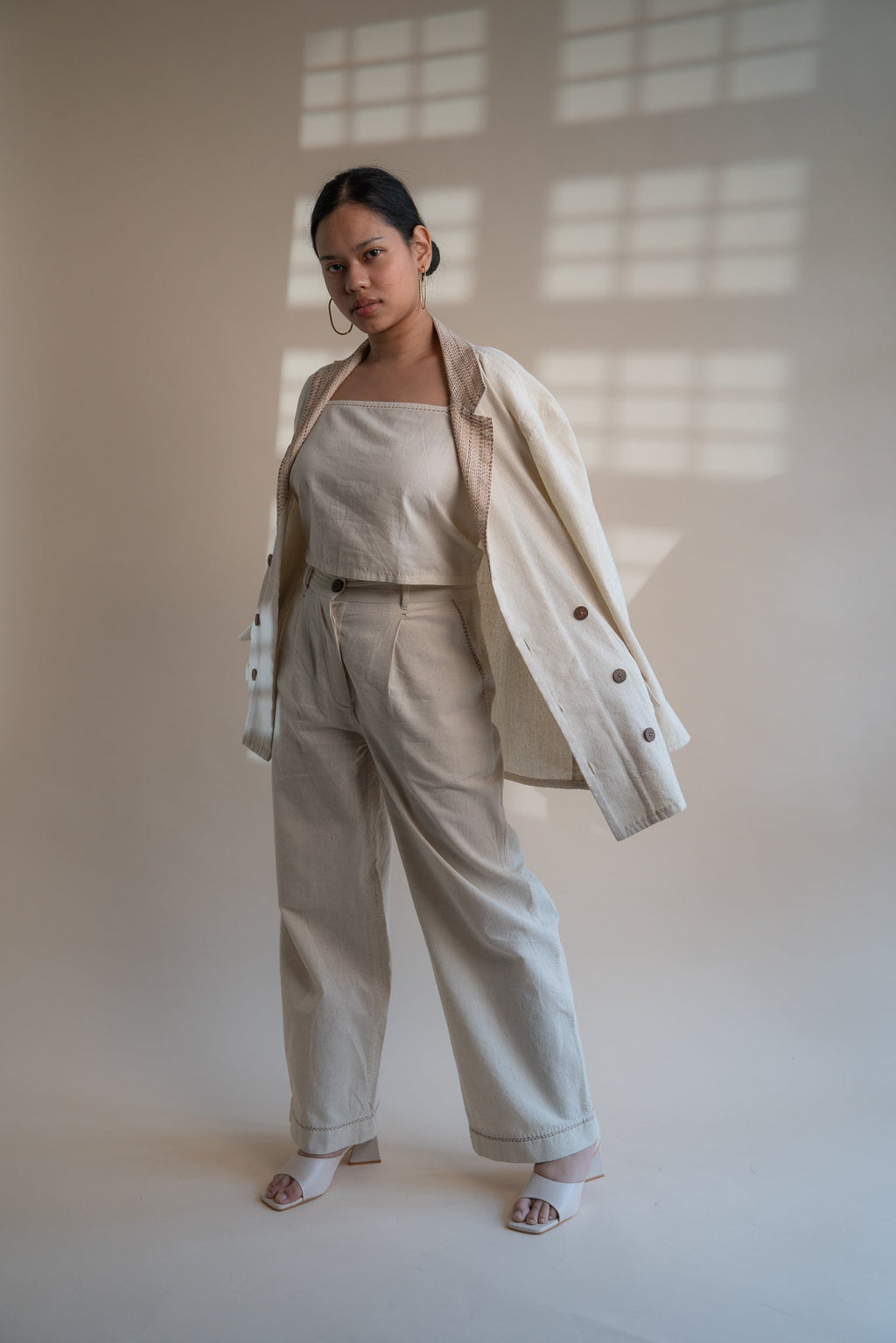 Dawning Unisex Double Breasted Jacket by Lafaani with Beige, Casual Wear, Dawning by Lafaani, Denim, Embroidered, For Him, Hand Woven Cotton, Jackets, Kora, Mens Overlay, Menswear, Natural, Regular Fit, Unisex at Kamakhyaa for sustainable fashion