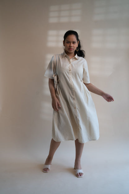 Dawning Button Down Dress by Lafaani with Beige, Casual Wear, Dawning by Lafaani, Denim, Embroidered, Hand Woven Cotton, Kora, Natural, Regular Fit, Shirt Dresses, Shirts, Womenswear at Kamakhyaa for sustainable fashion