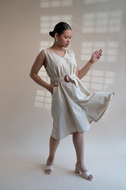 Dawning Trench Dress by Lafaani with Beige, Casual Wear, Dawning by Lafaani, Denim, Embroidered, Hand Woven Cotton, Kora, Midi Dresses, Natural, Regular Fit, Sleeveless Dresses, Womenswear at Kamakhyaa for sustainable fashion